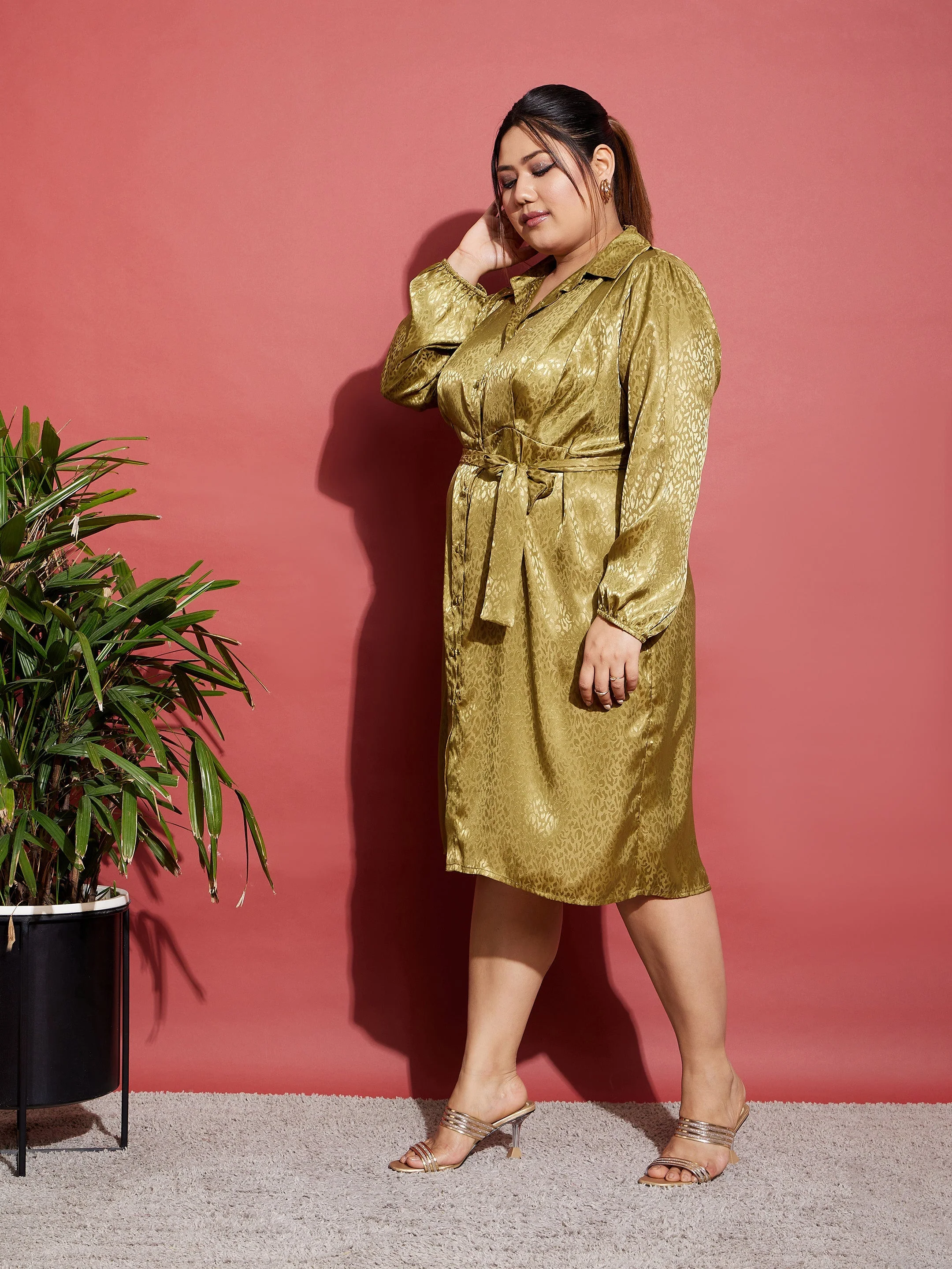 Women Olive Satin Jacquard Belted Shirt Dress - Image 3