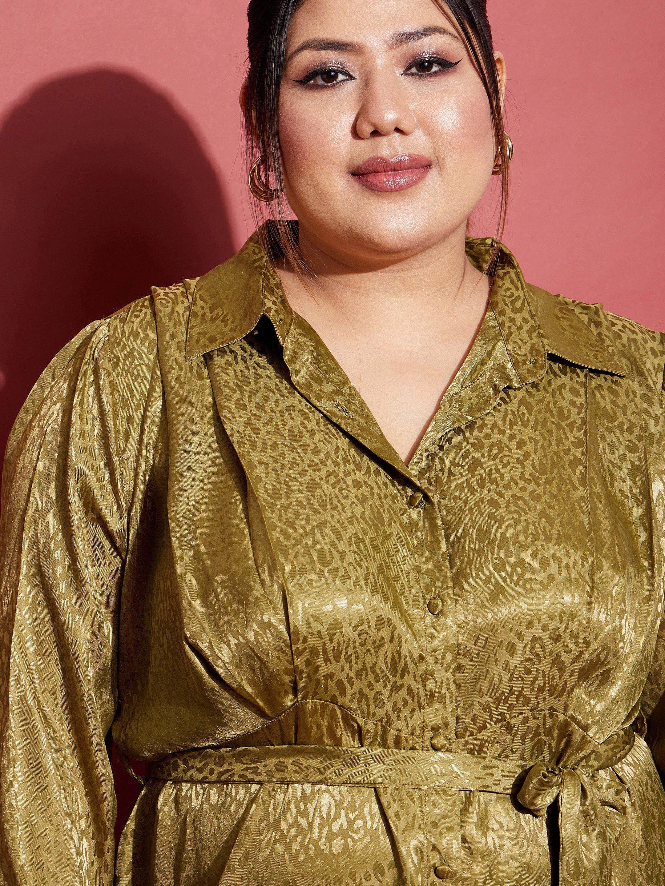 Women Olive Satin Jacquard Belted Shirt Dress - Image 4