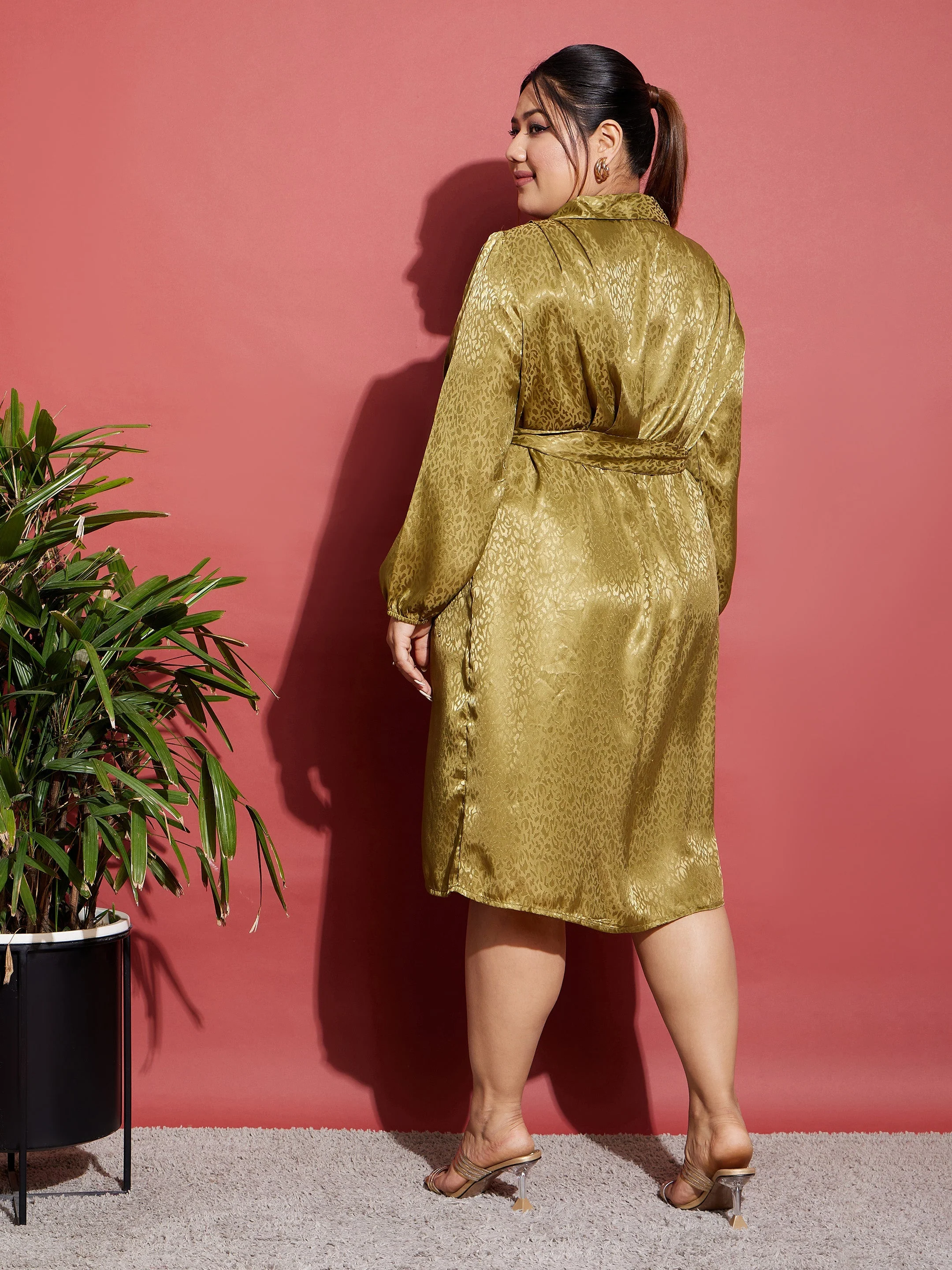 Women Olive Satin Jacquard Belted Shirt Dress - Image 5