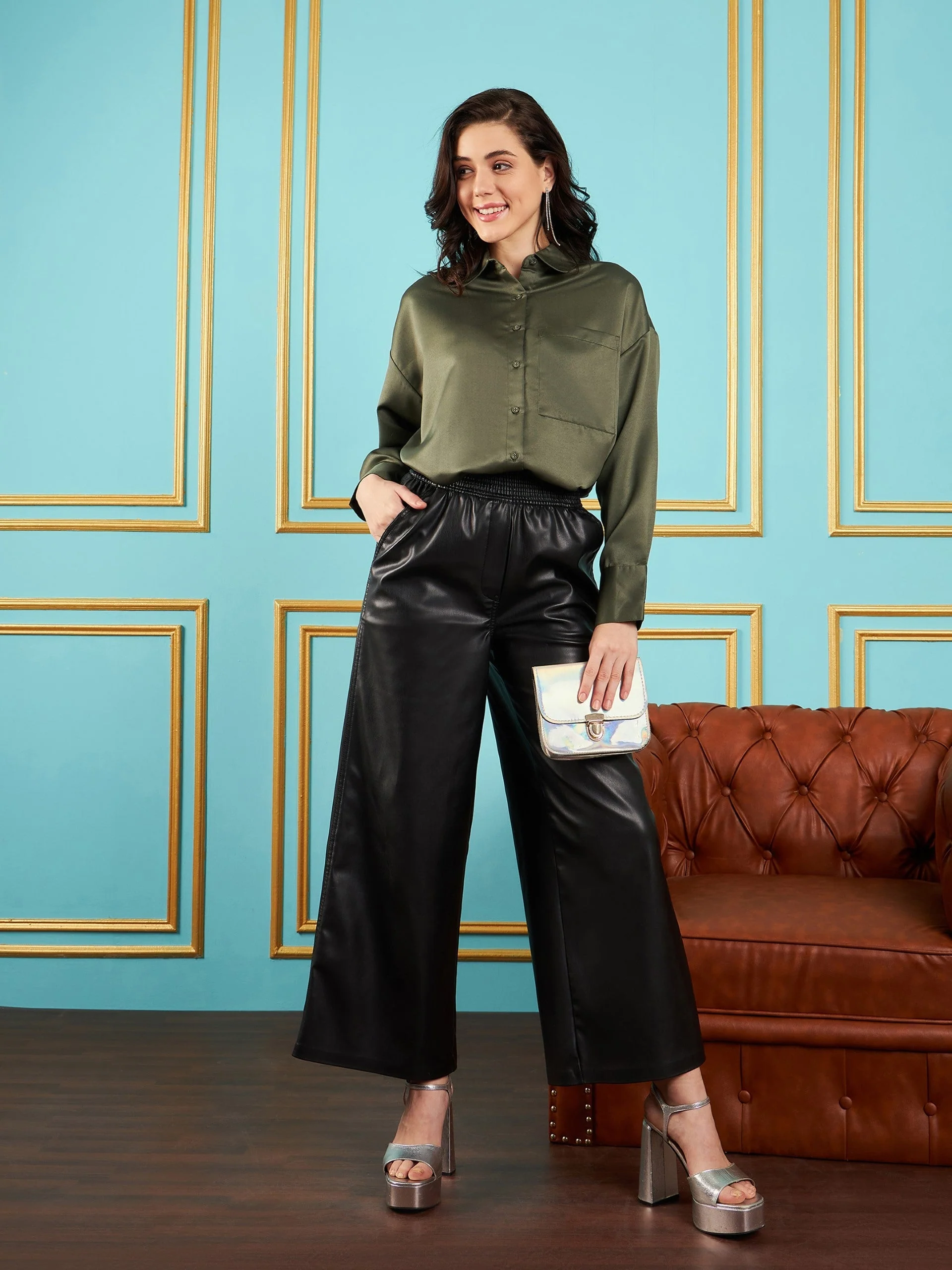 Women Olive Satin Oversized Shirt - Image 2