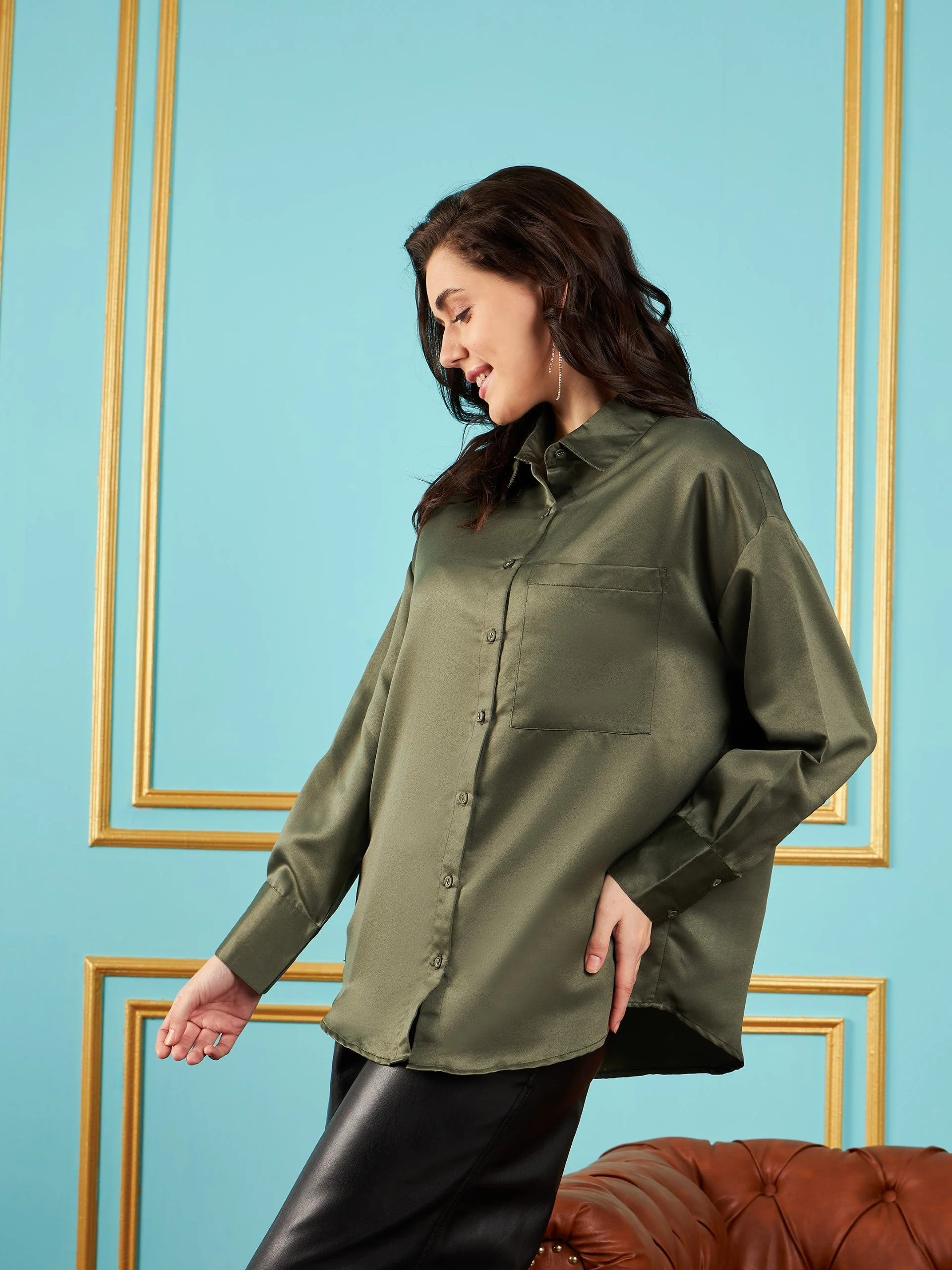 Women Olive Satin Oversized Shirt - Image 3