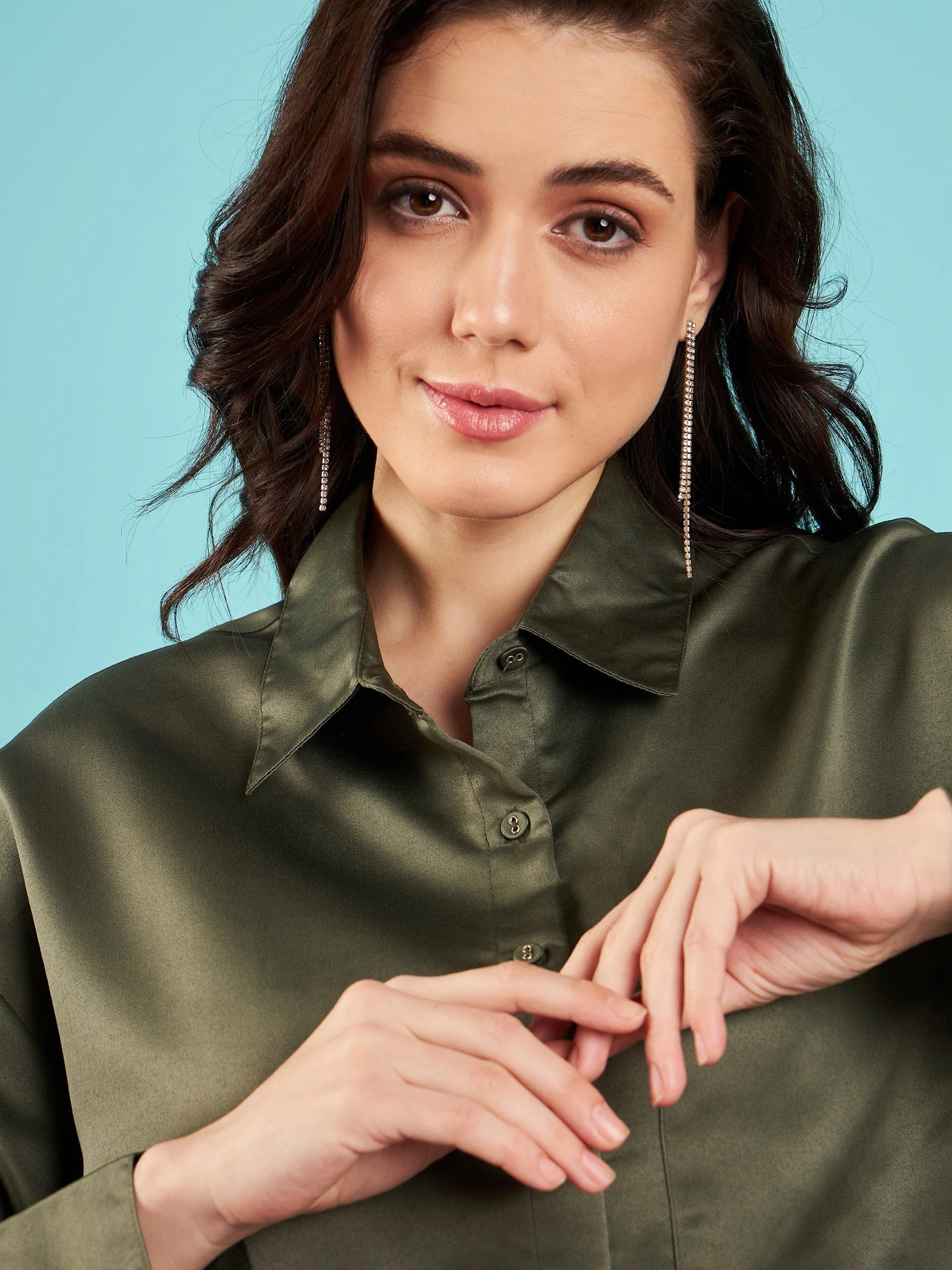 Women Olive Satin Oversized Shirt - Image 4