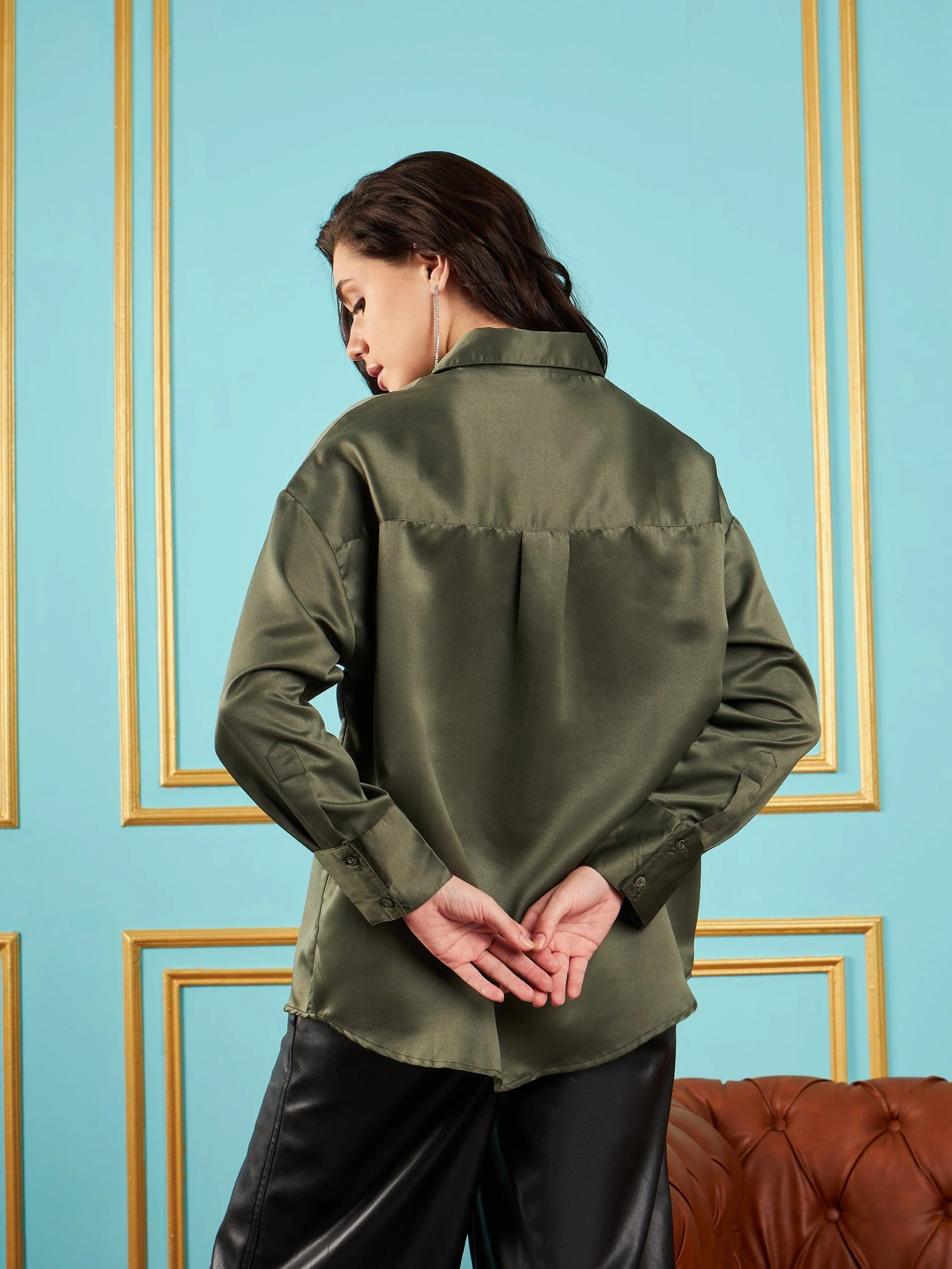 Women Olive Satin Oversized Shirt - Image 5