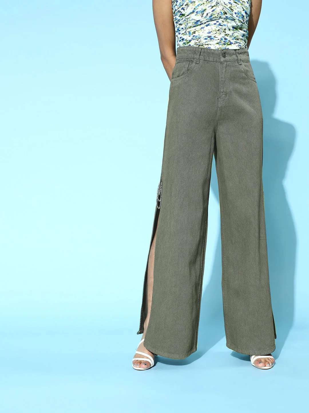 Women Olive Side Chain Slit Jeans - Image 3