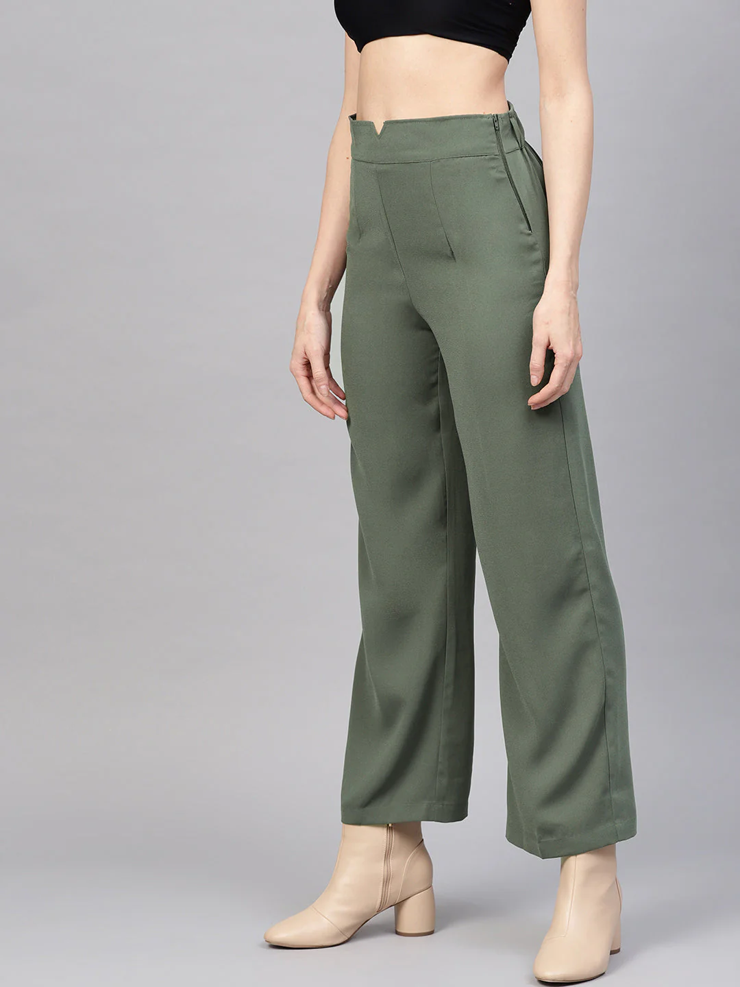 Women Olive Side Zipper Pant - Image 2
