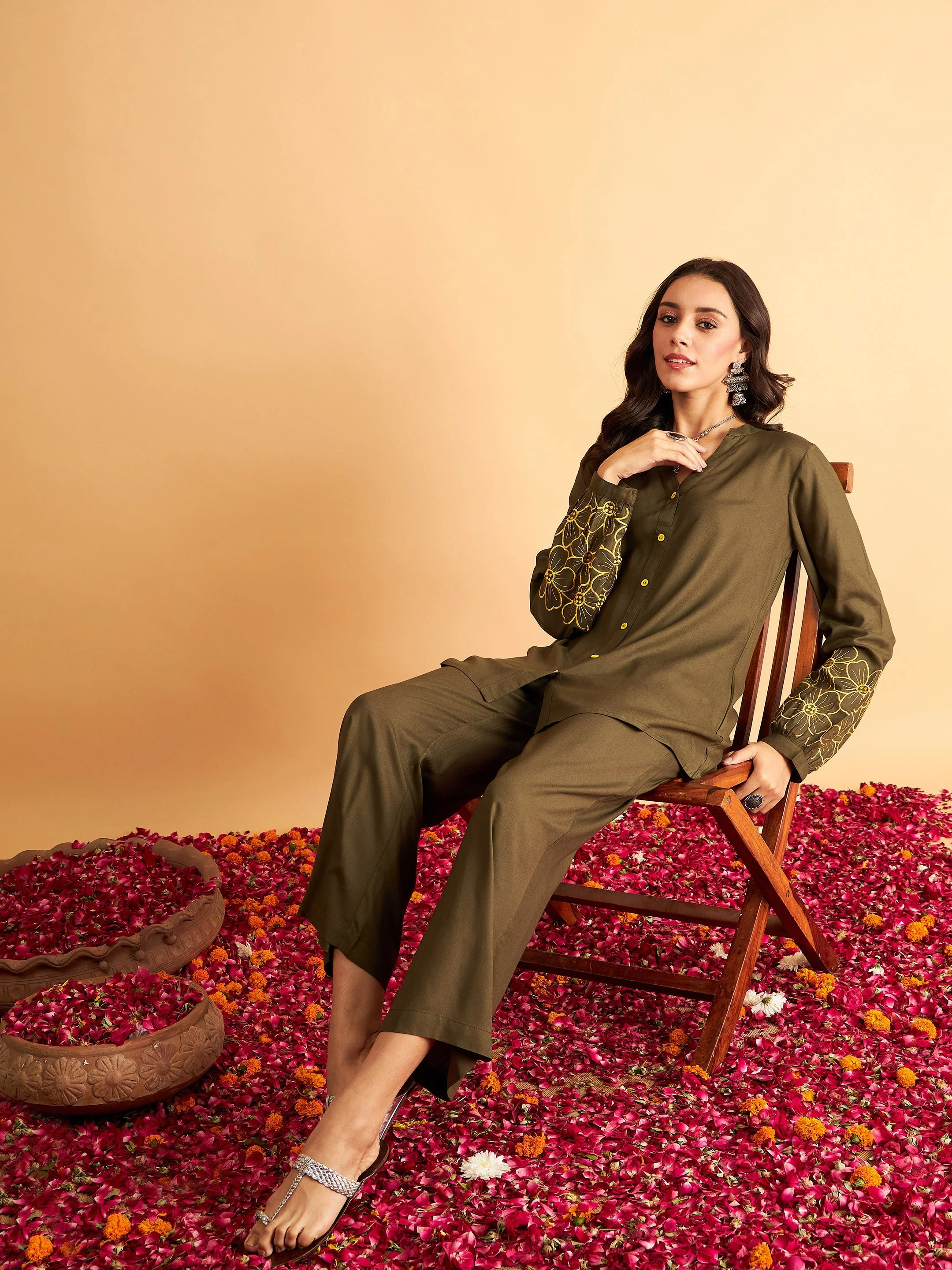 Women Olive Sleeves Embroidered Shirt With Pants - Image 2