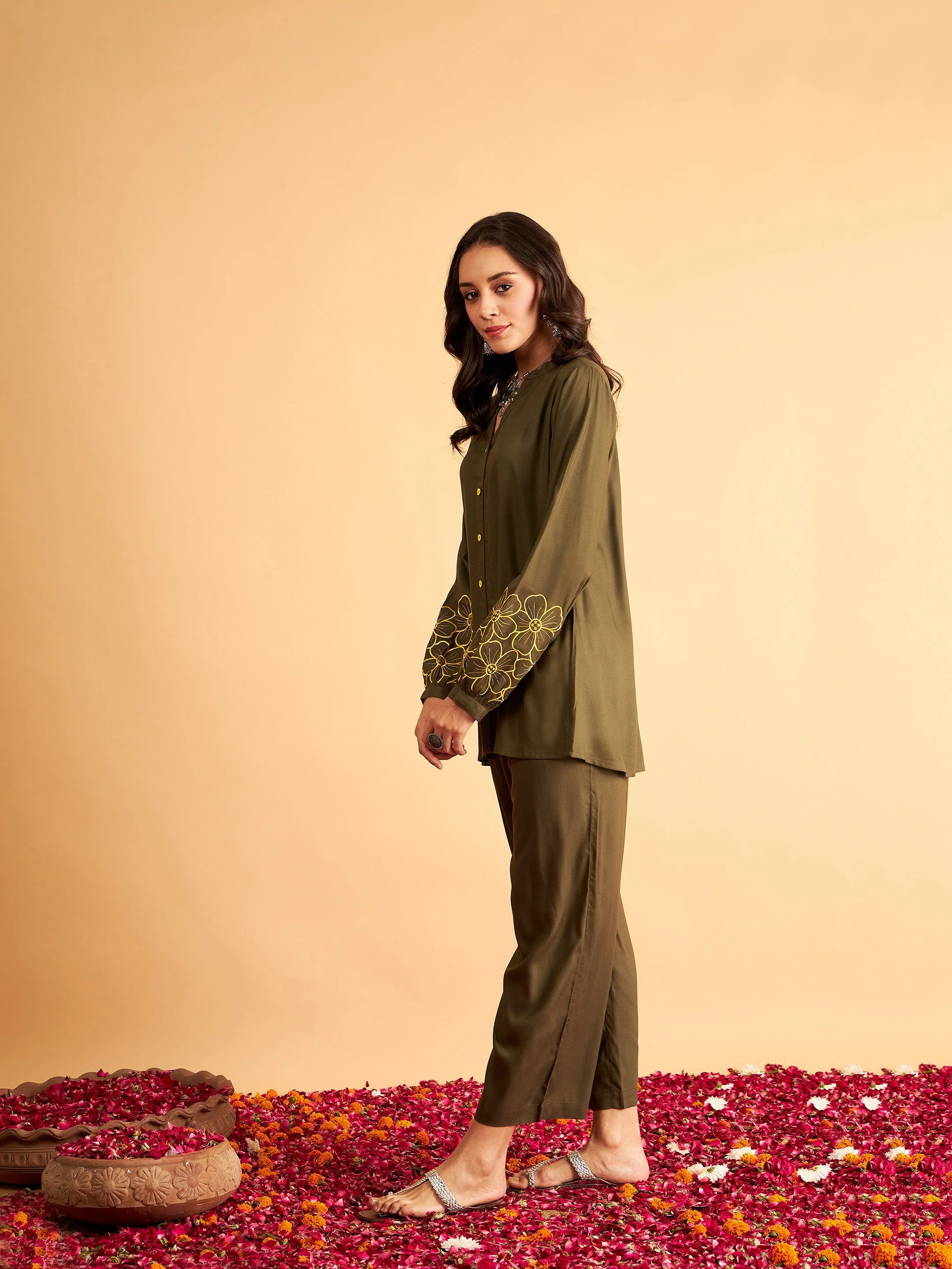 Women Olive Sleeves Embroidered Shirt With Pants - Image 3
