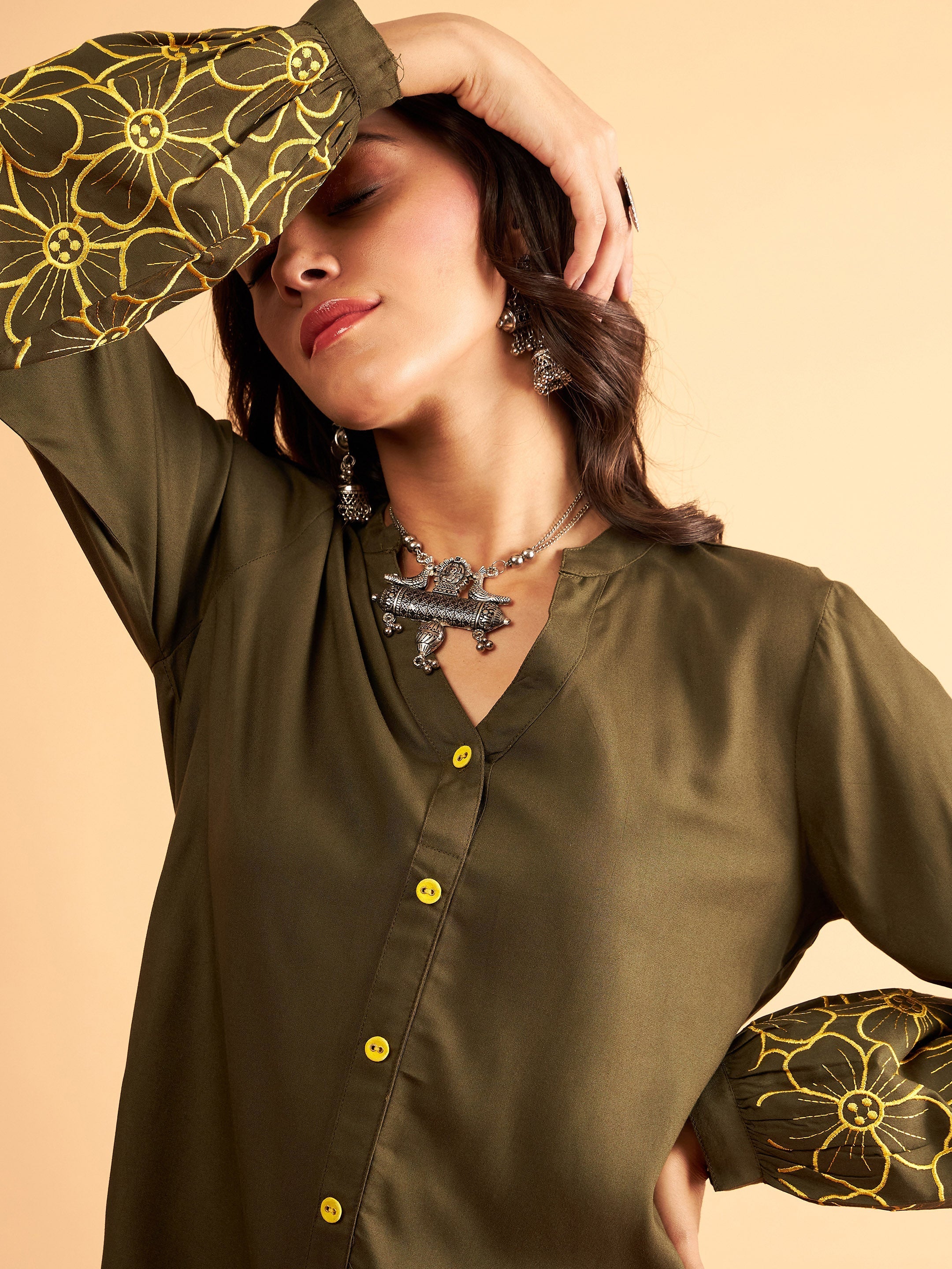 Women Olive Sleeves Embroidered Shirt With Pants - Image 4