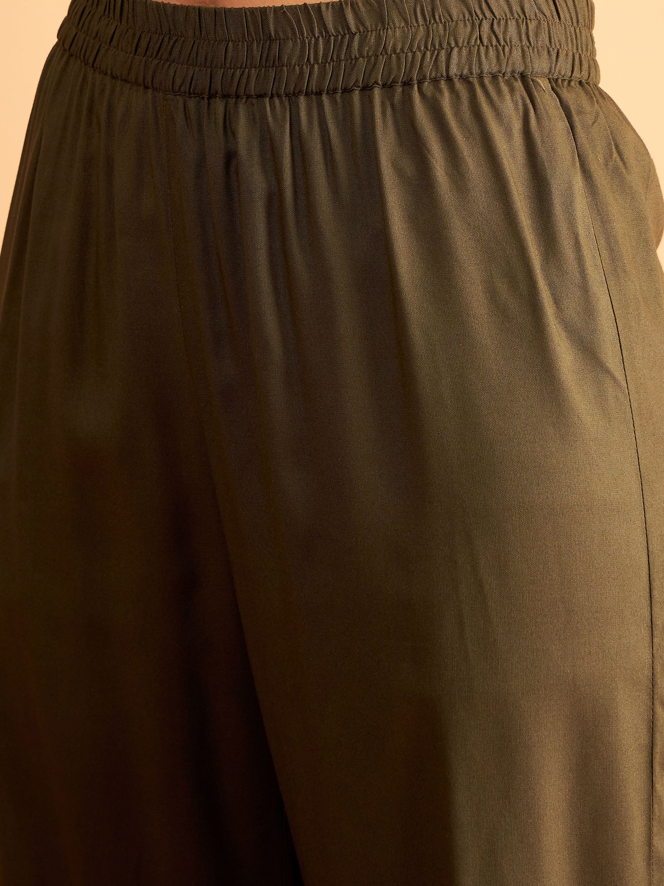 Women Olive Sleeves Embroidered Shirt With Pants - Image 5