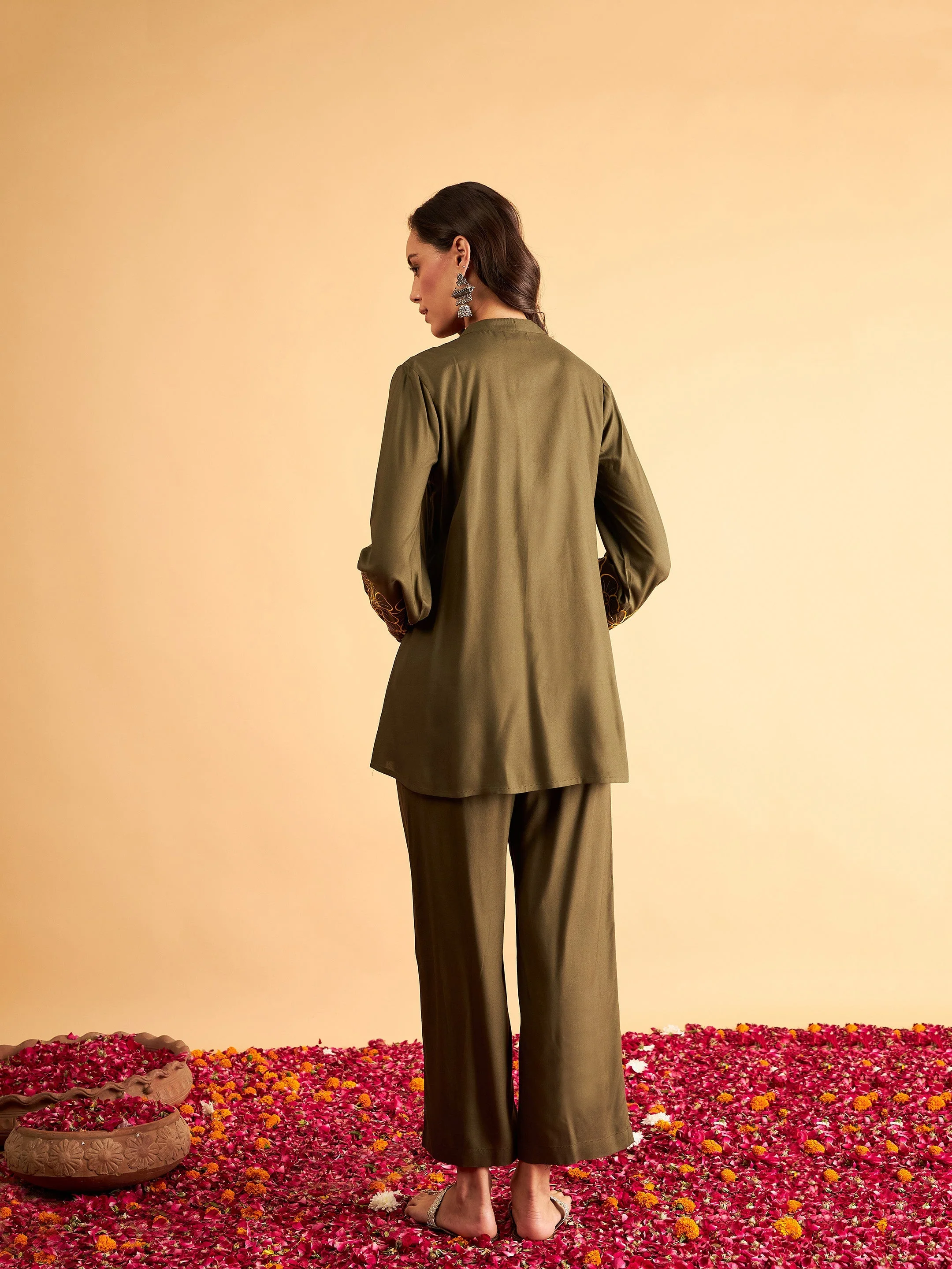 Women Olive Sleeves Embroidered Shirt With Pants - Image 6