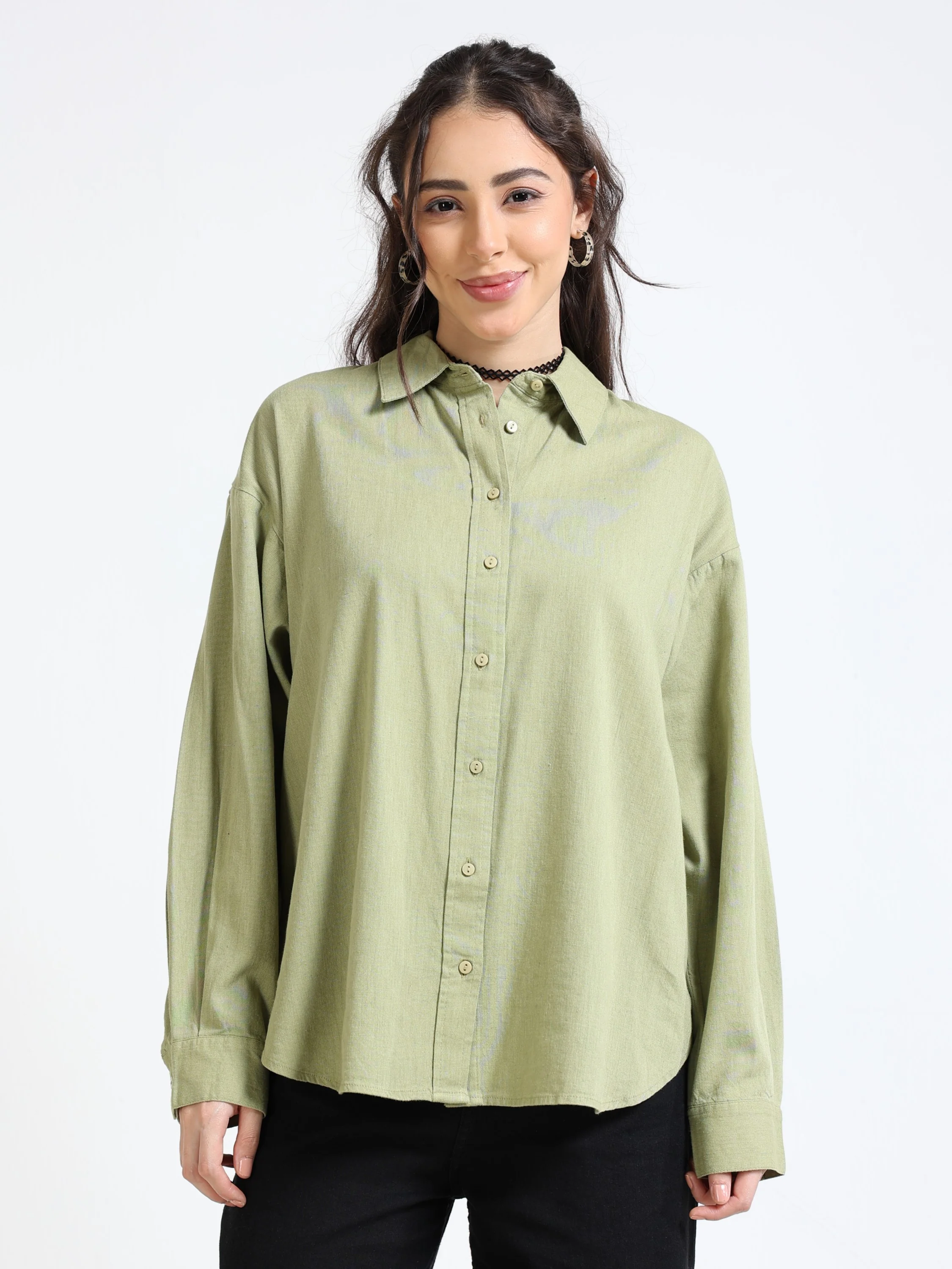Women Olive Oversized Shirt - Image 2
