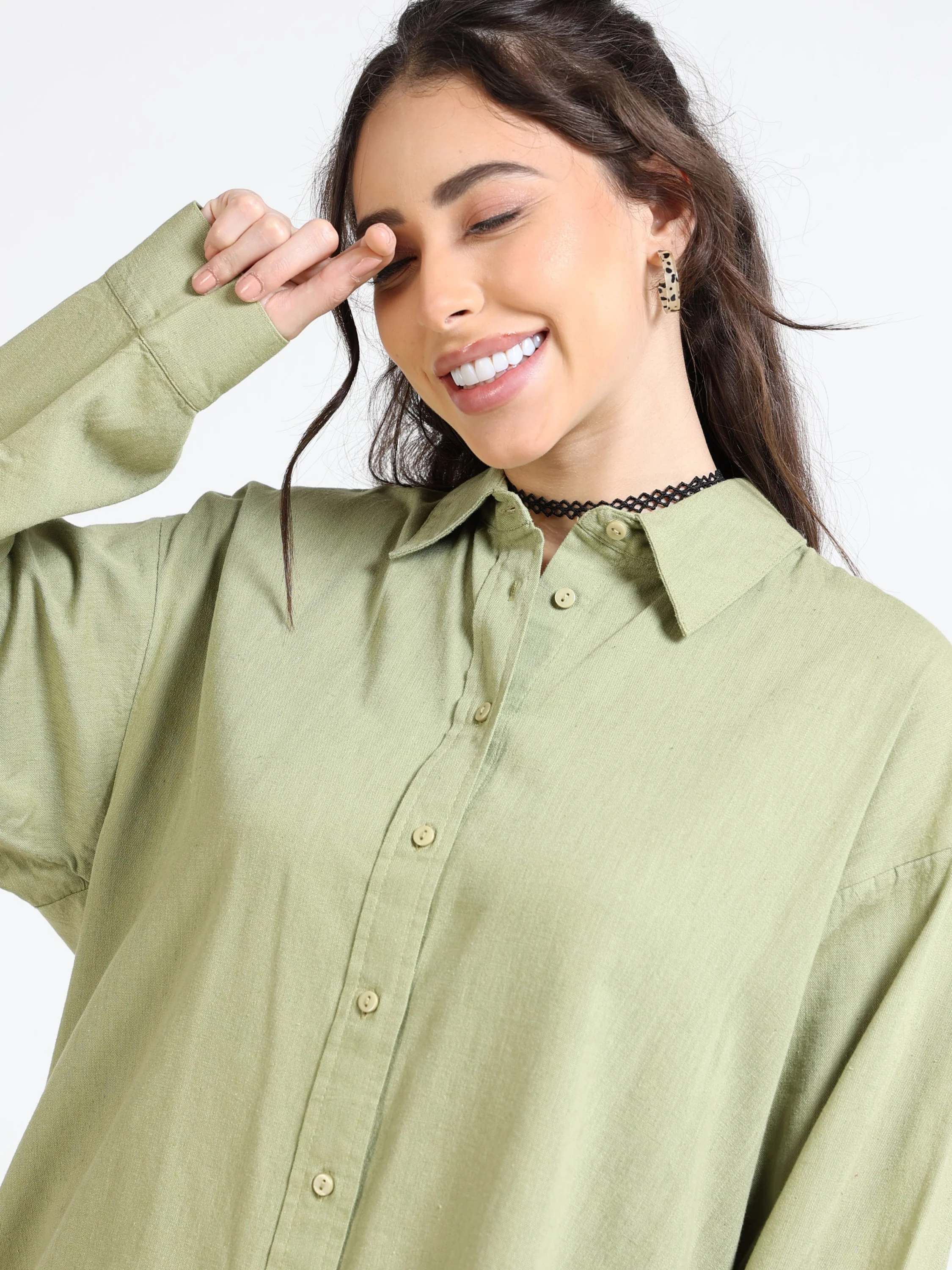 Women Olive Oversized Shirt - Image 4