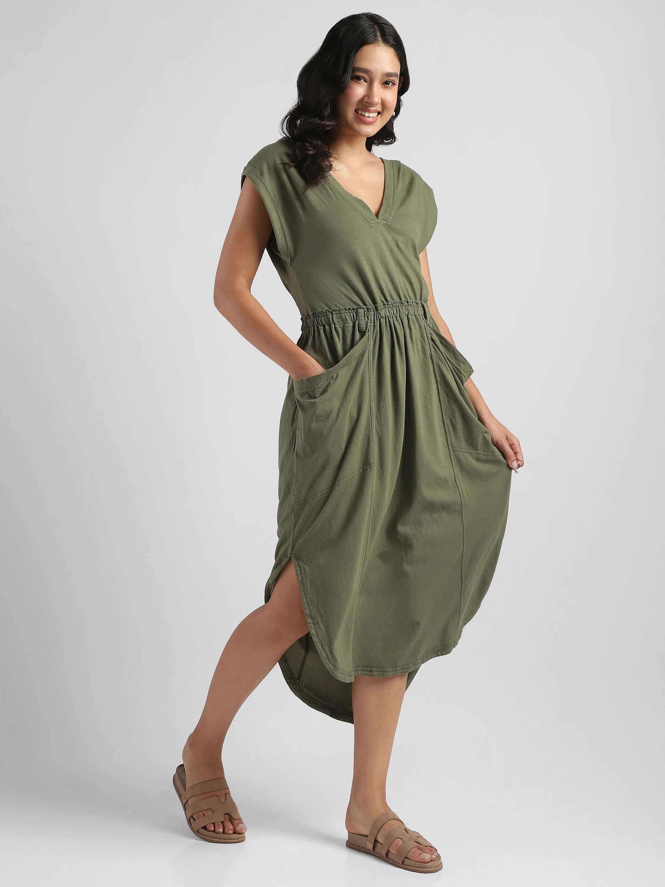 Women Olive Maxi Dress with High Low Hem - Image 2