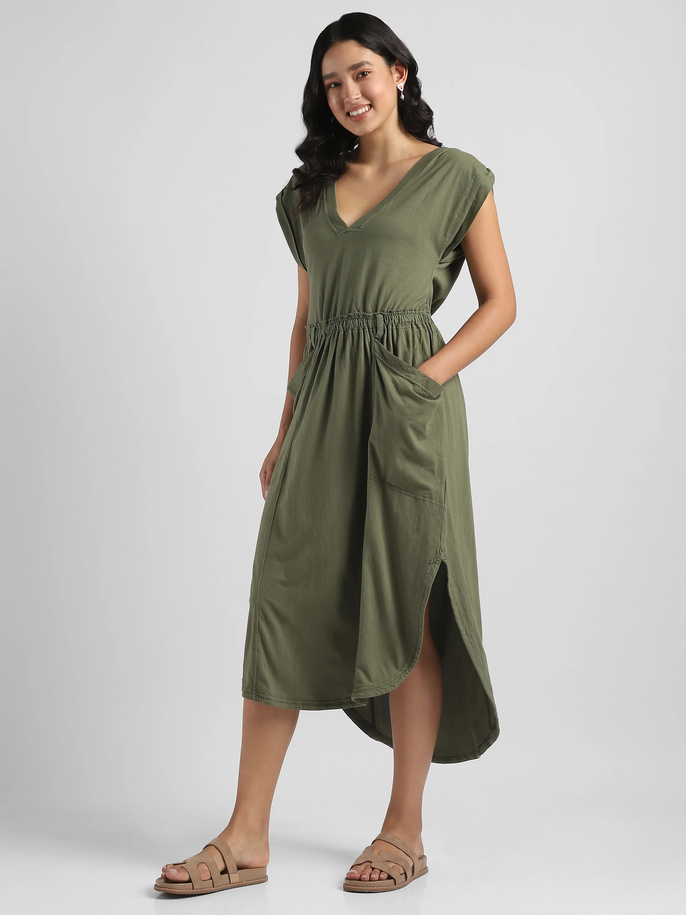 Women Olive Maxi Dress with High Low Hem - Image 3