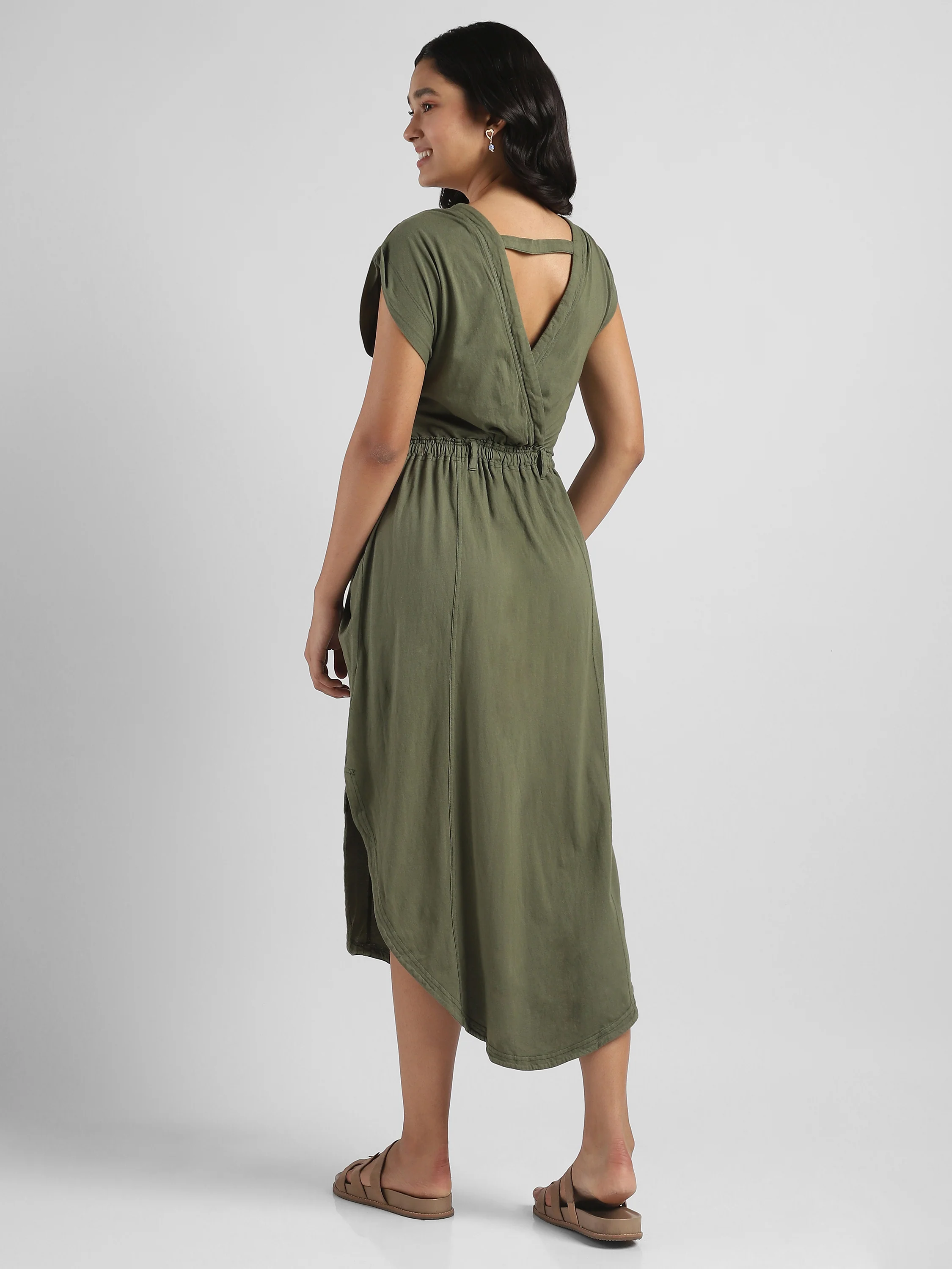 Women Olive Maxi Dress with High Low Hem - Image 4