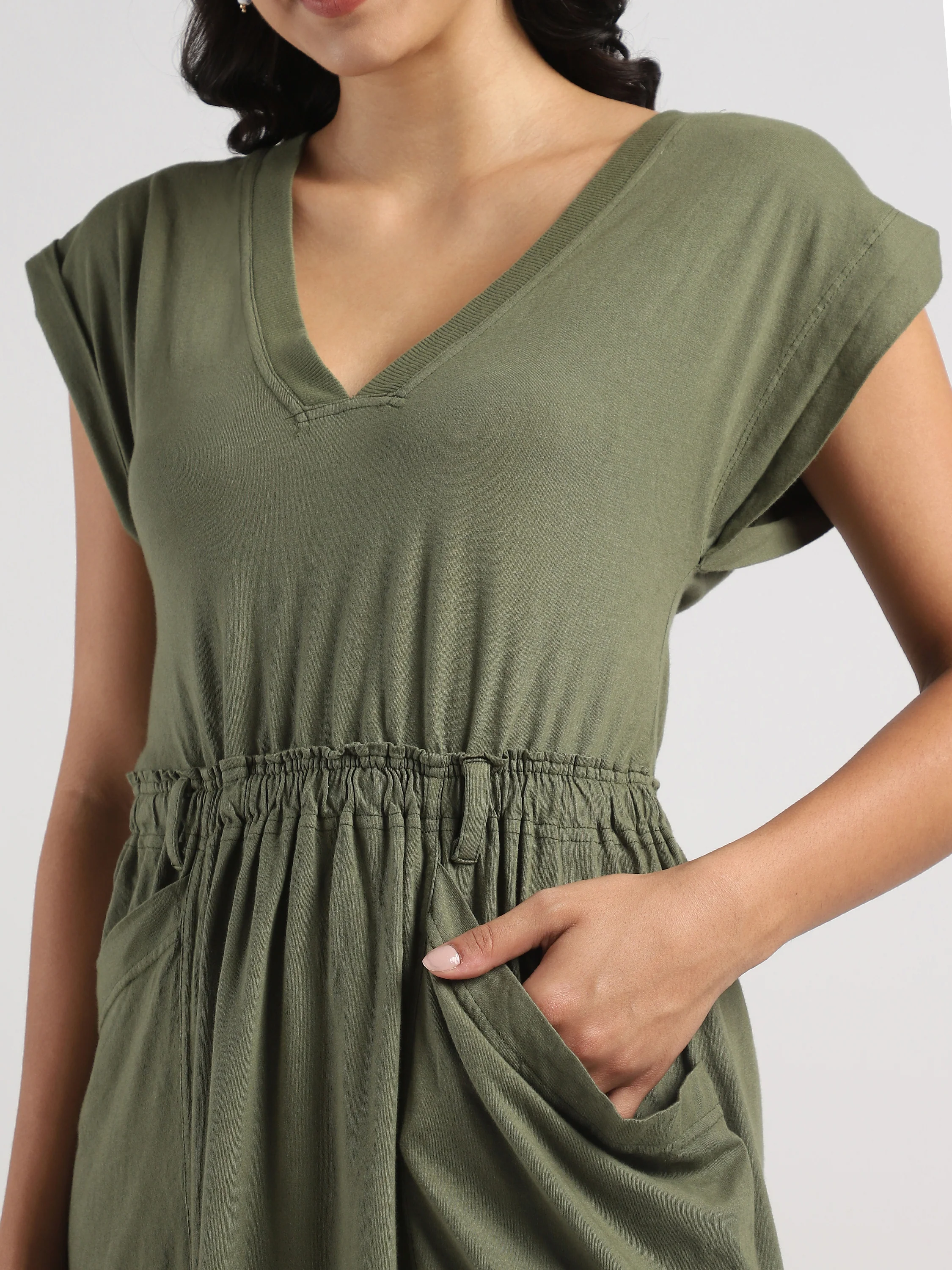 Women Olive Maxi Dress with High Low Hem - Image 5