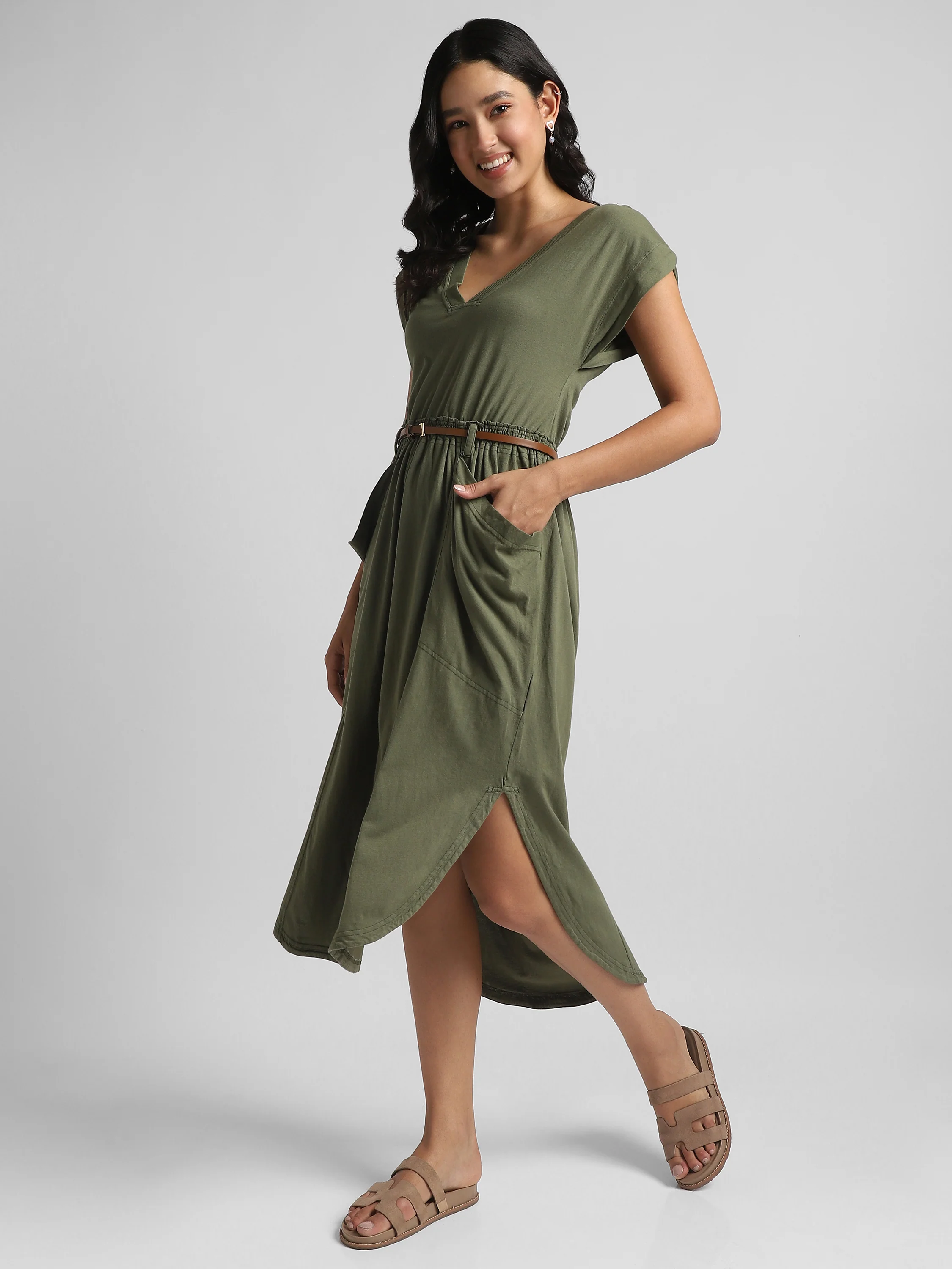 Women Olive Maxi Dress with High Low Hem - Image 6