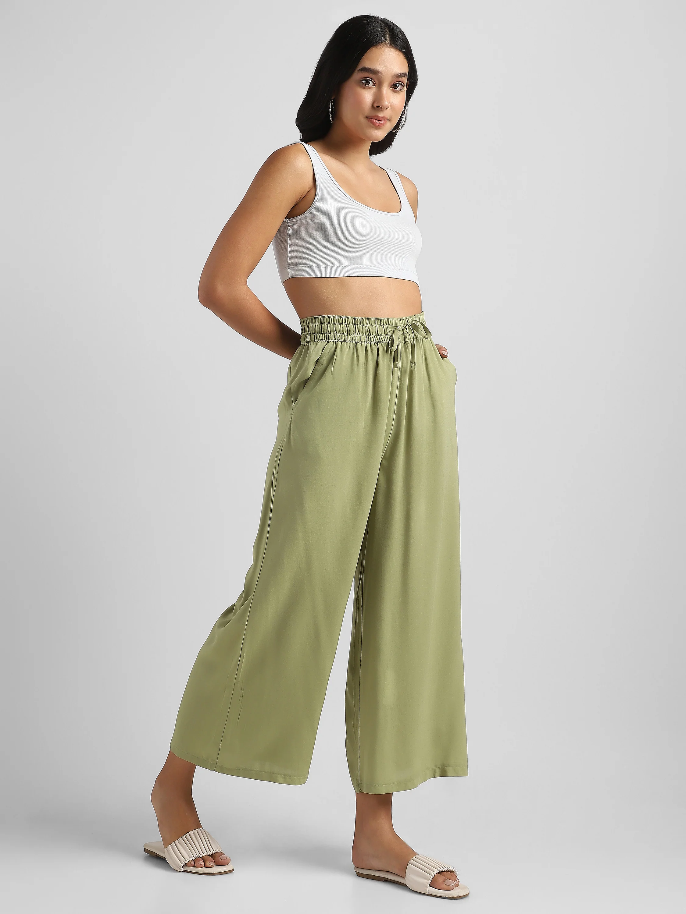 Women White Flowy Wide-Leg Pants with Drawstring - Image 2