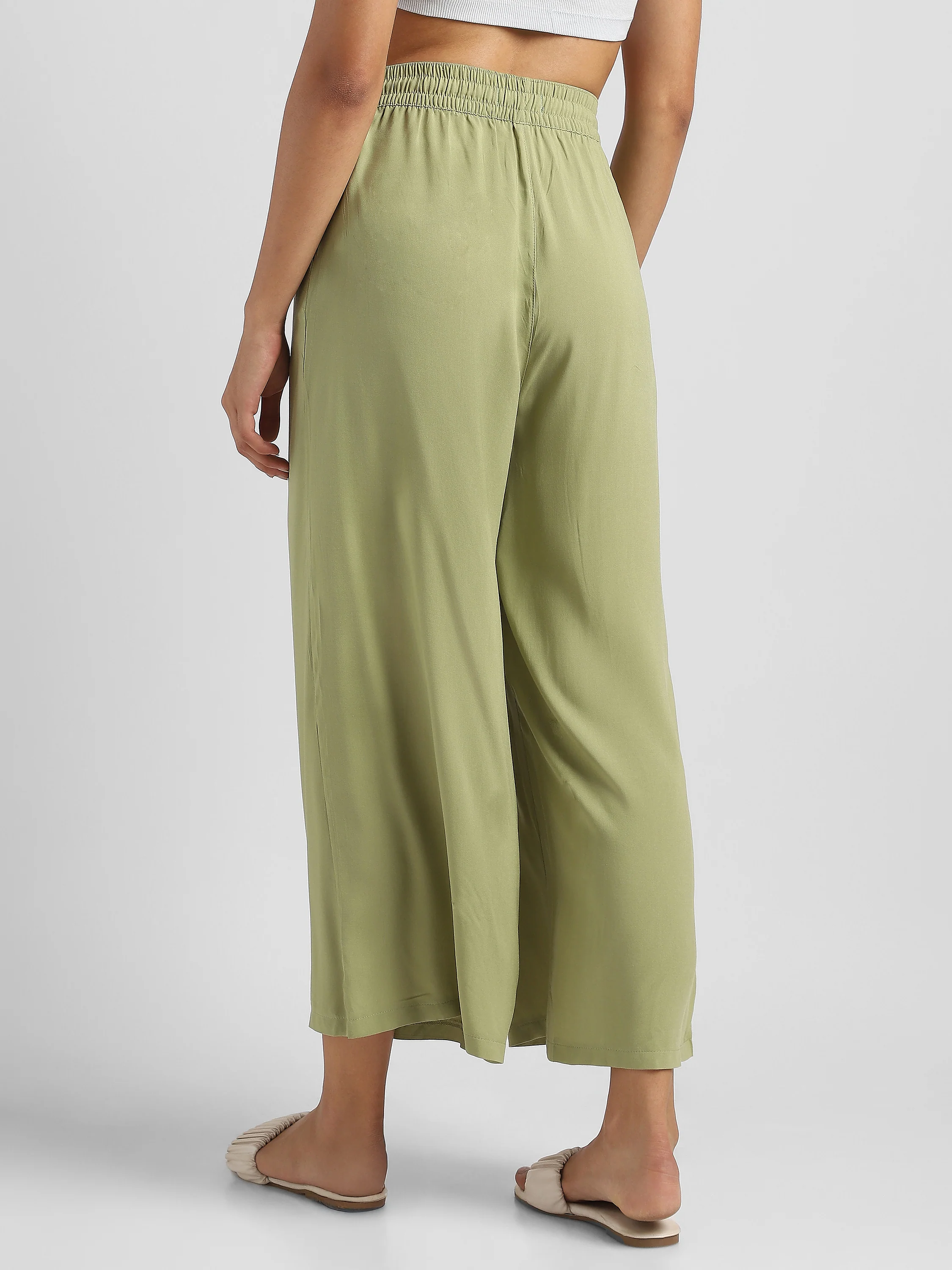 Women White Flowy Wide-Leg Pants with Drawstring - Image 3