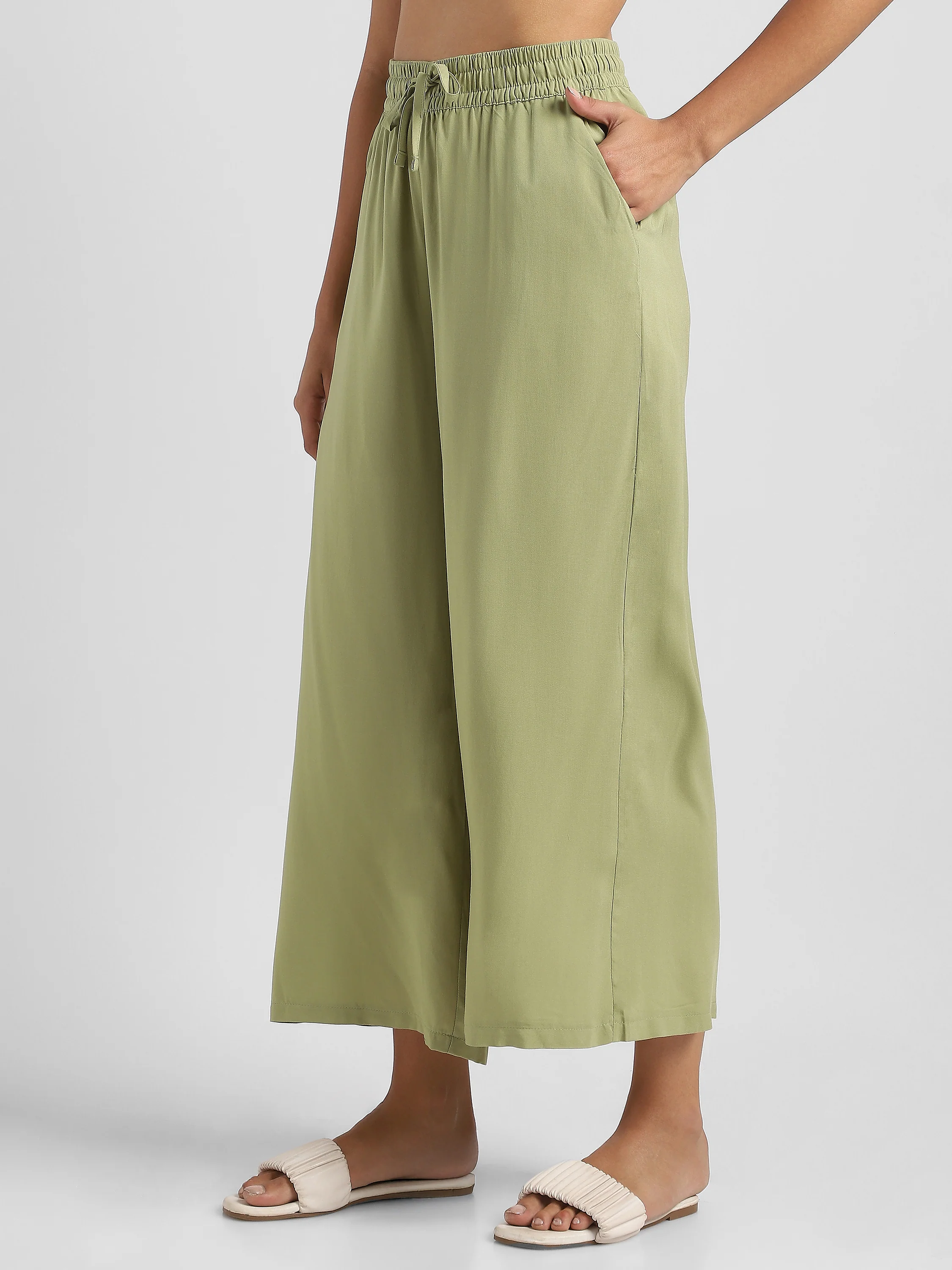 Women White Flowy Wide-Leg Pants with Drawstring - Image 5