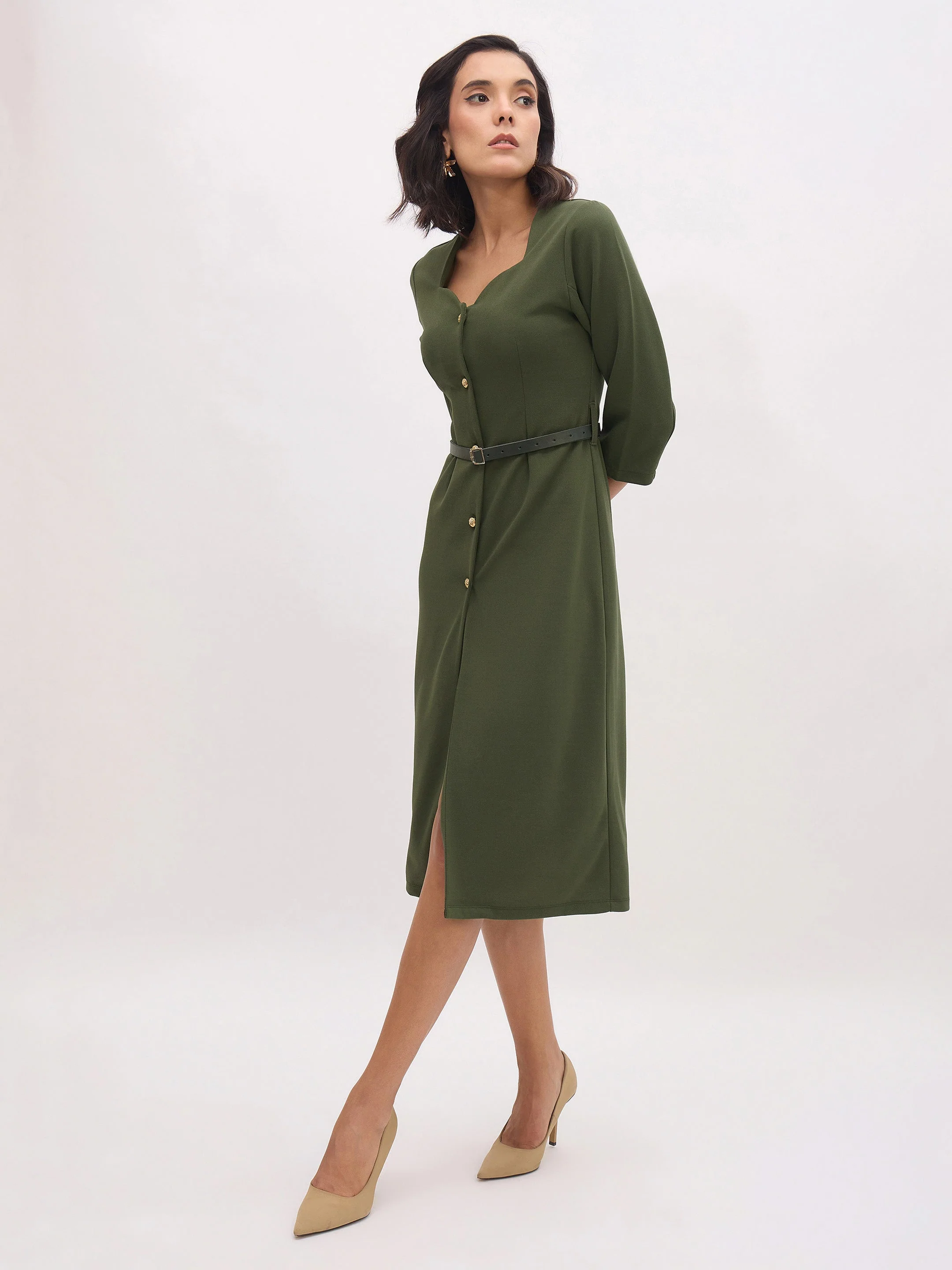 Women Olive Sweetheart Neck Midi Dress With PU Belt - Image 3