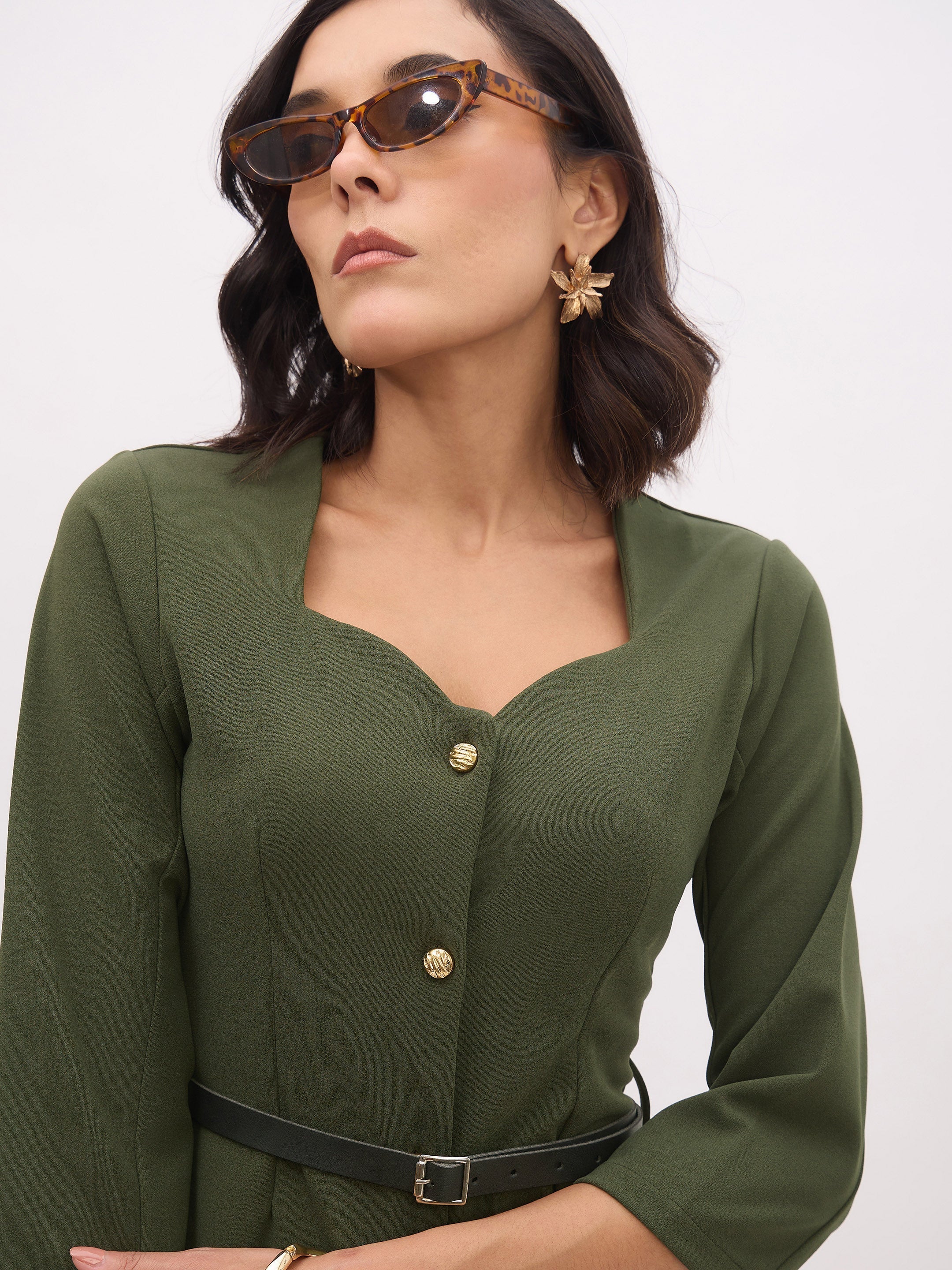 Women Olive Sweetheart Neck Midi Dress With PU Belt - Image 4