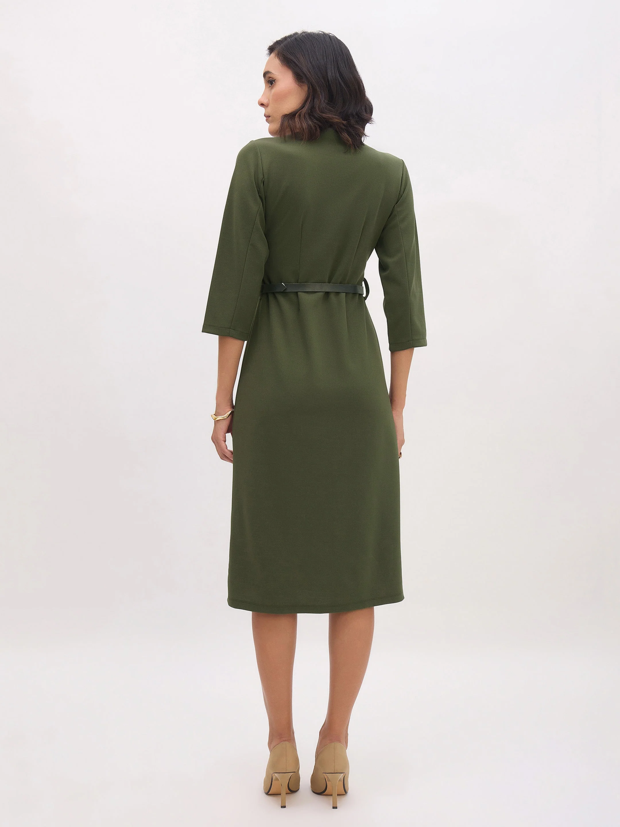 Women Olive Sweetheart Neck Midi Dress With PU Belt - Image 5