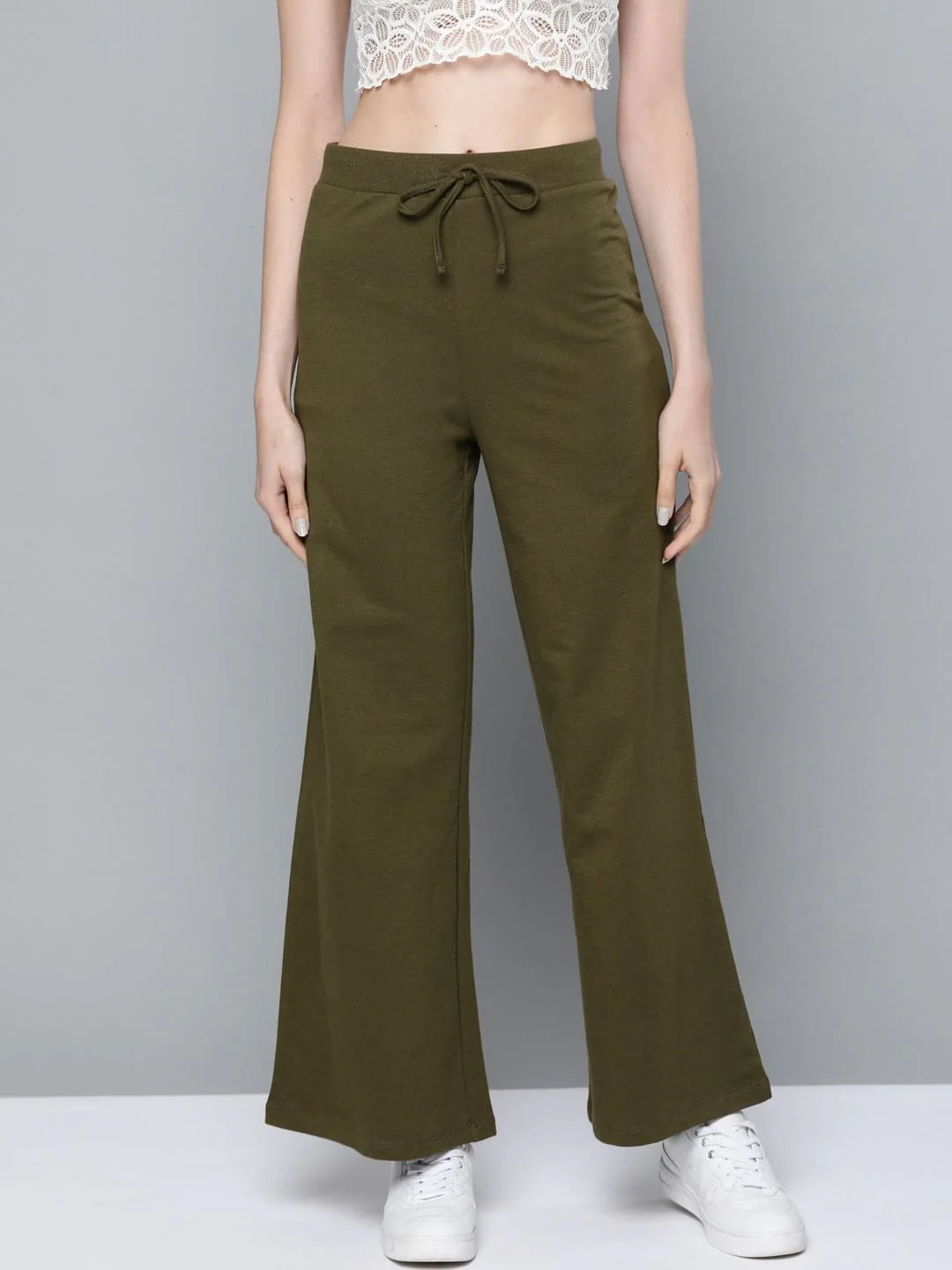 Women Olive Terry Drawstring Wide Leg Pants