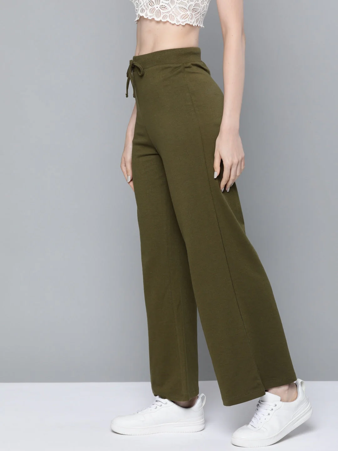 Women Olive Terry Drawstring Wide Leg Pants - Image 2