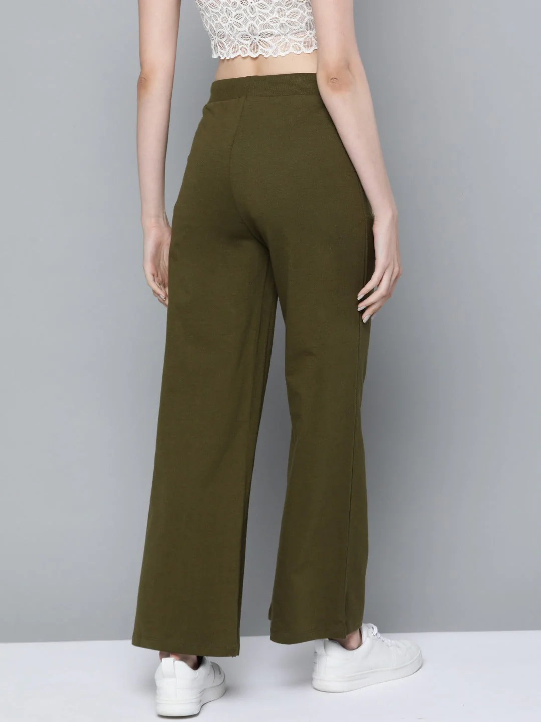 Women Olive Terry Drawstring Wide Leg Pants - Image 3