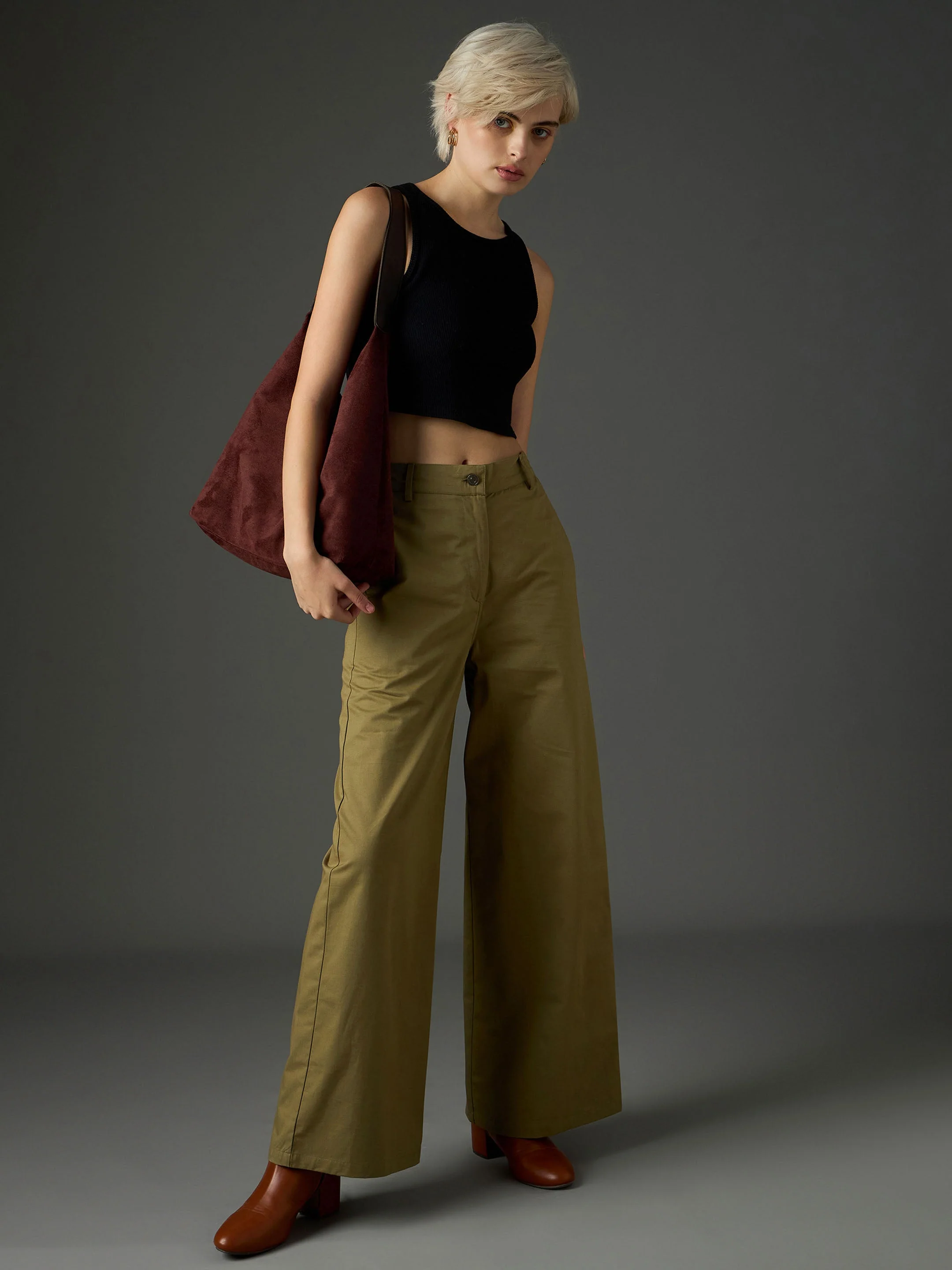 Women Olive Twill Flared Pants - Image 2
