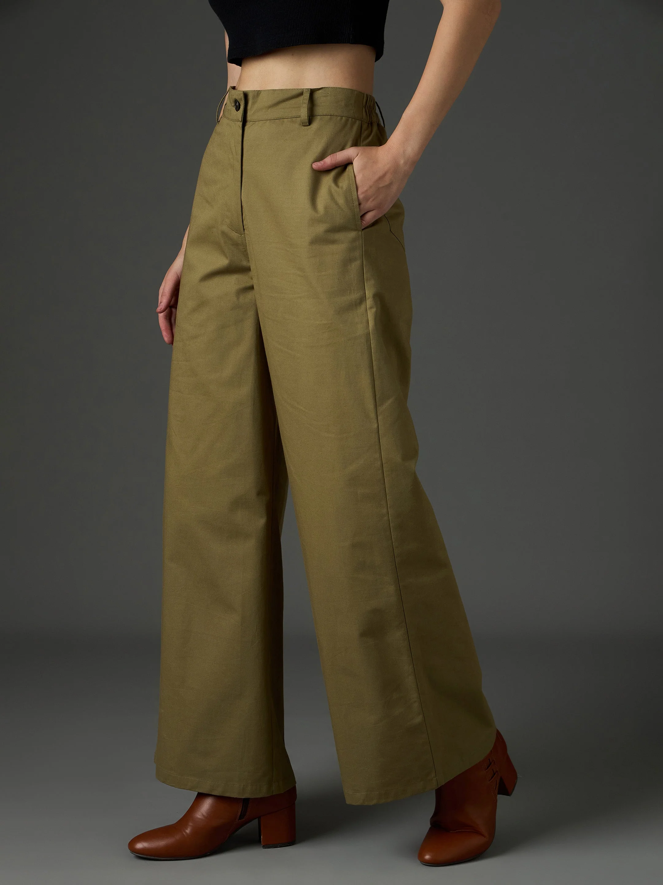 Women Olive Twill Flared Pants - Image 3