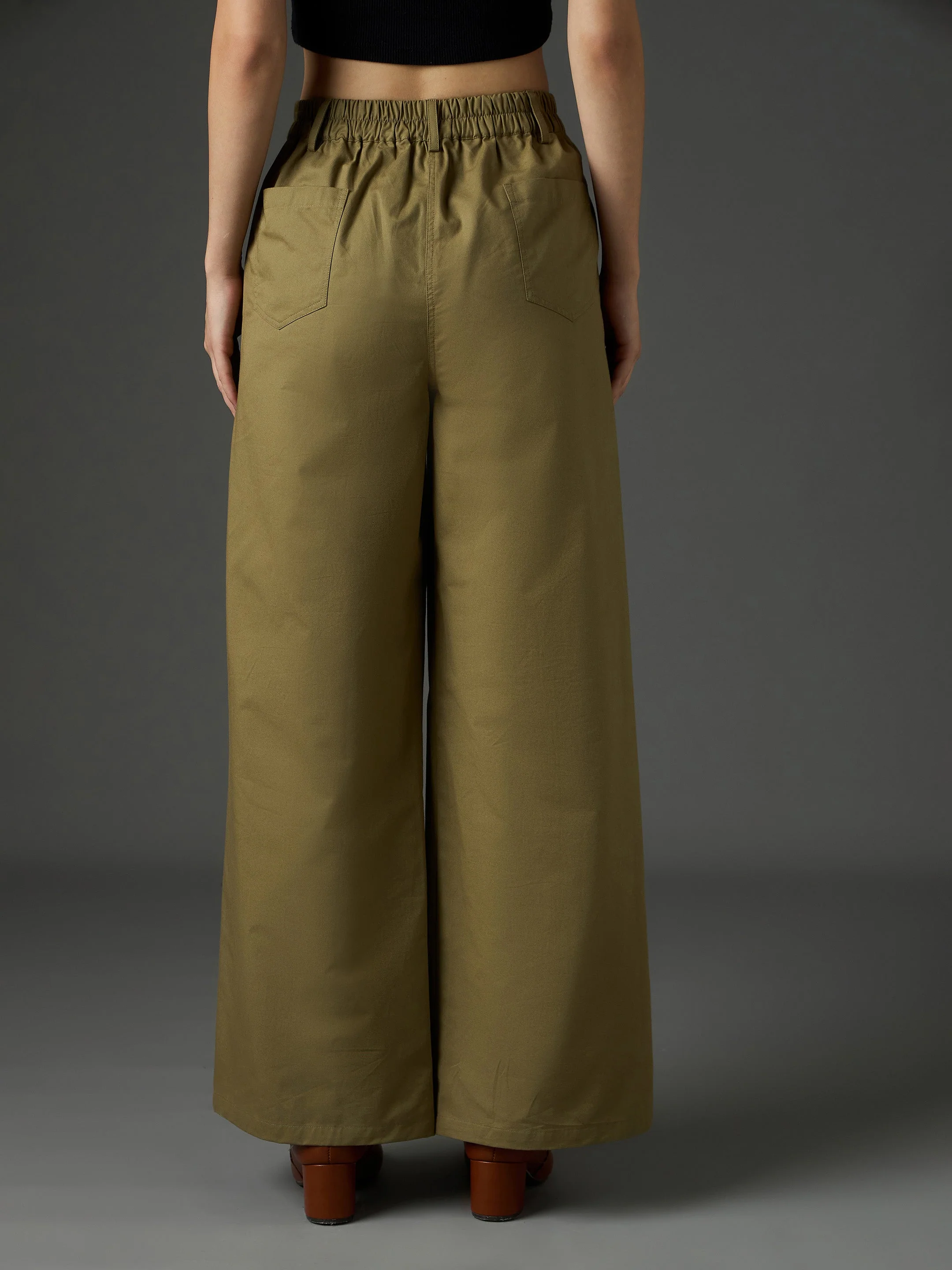 Women Olive Twill Flared Pants - Image 5