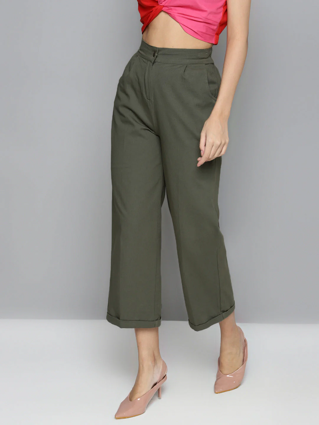 Women Olive Twill Straight Pants - Image 2