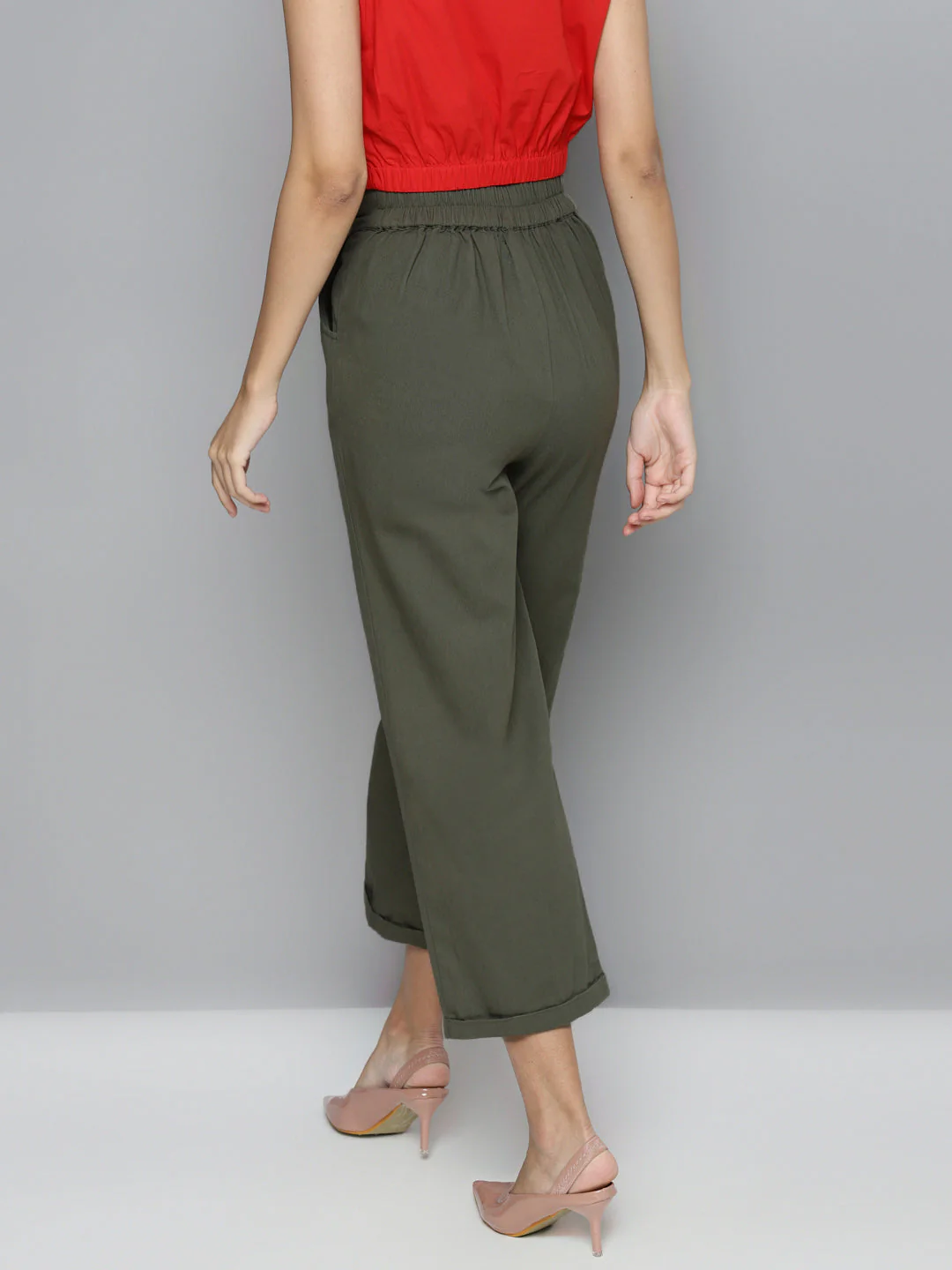Women Olive Twill Straight Pants - Image 3
