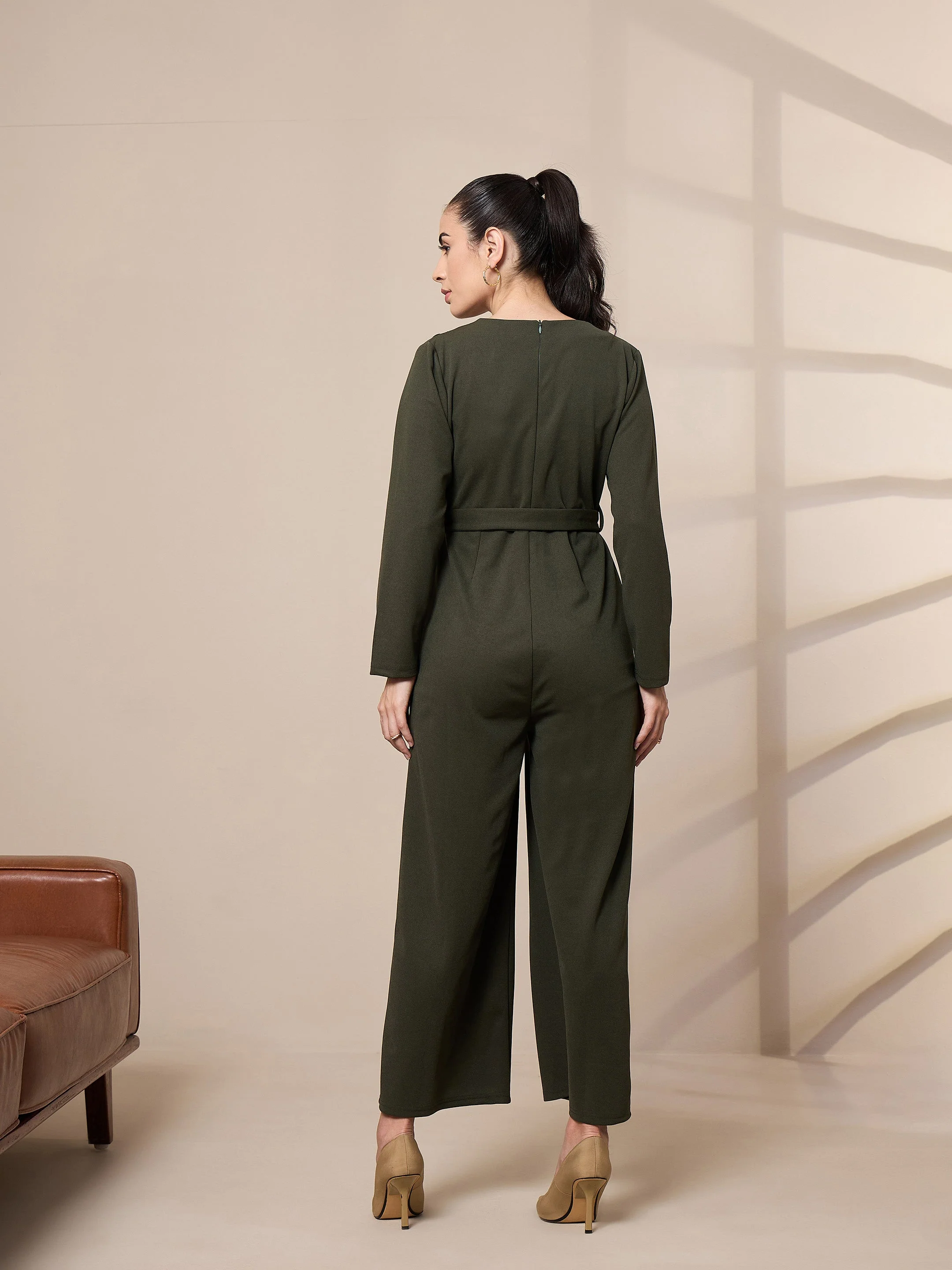 Women Olive V-Neck Belted Jumpsuit - Image 2