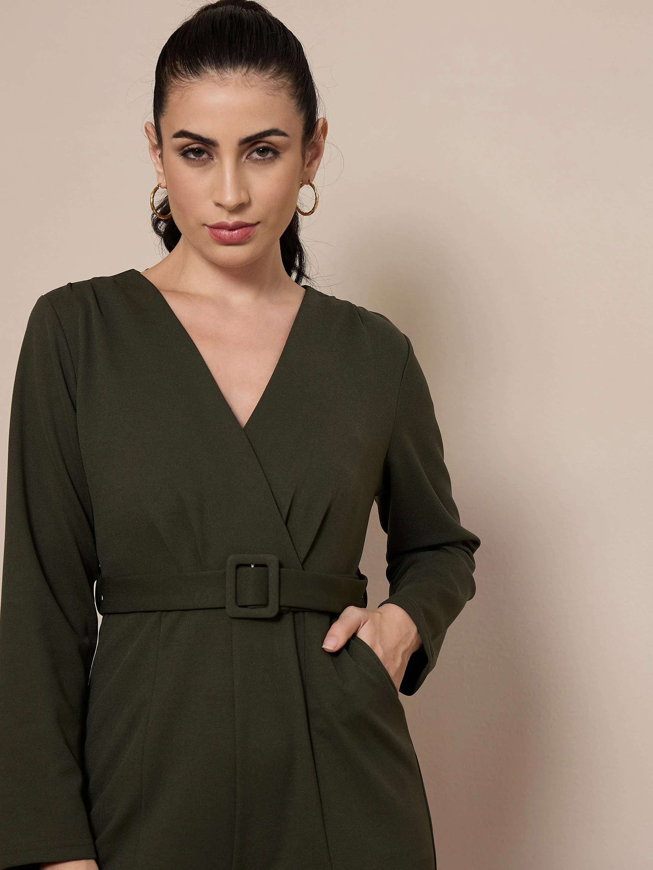 Women Olive V-Neck Belted Jumpsuit - Image 3