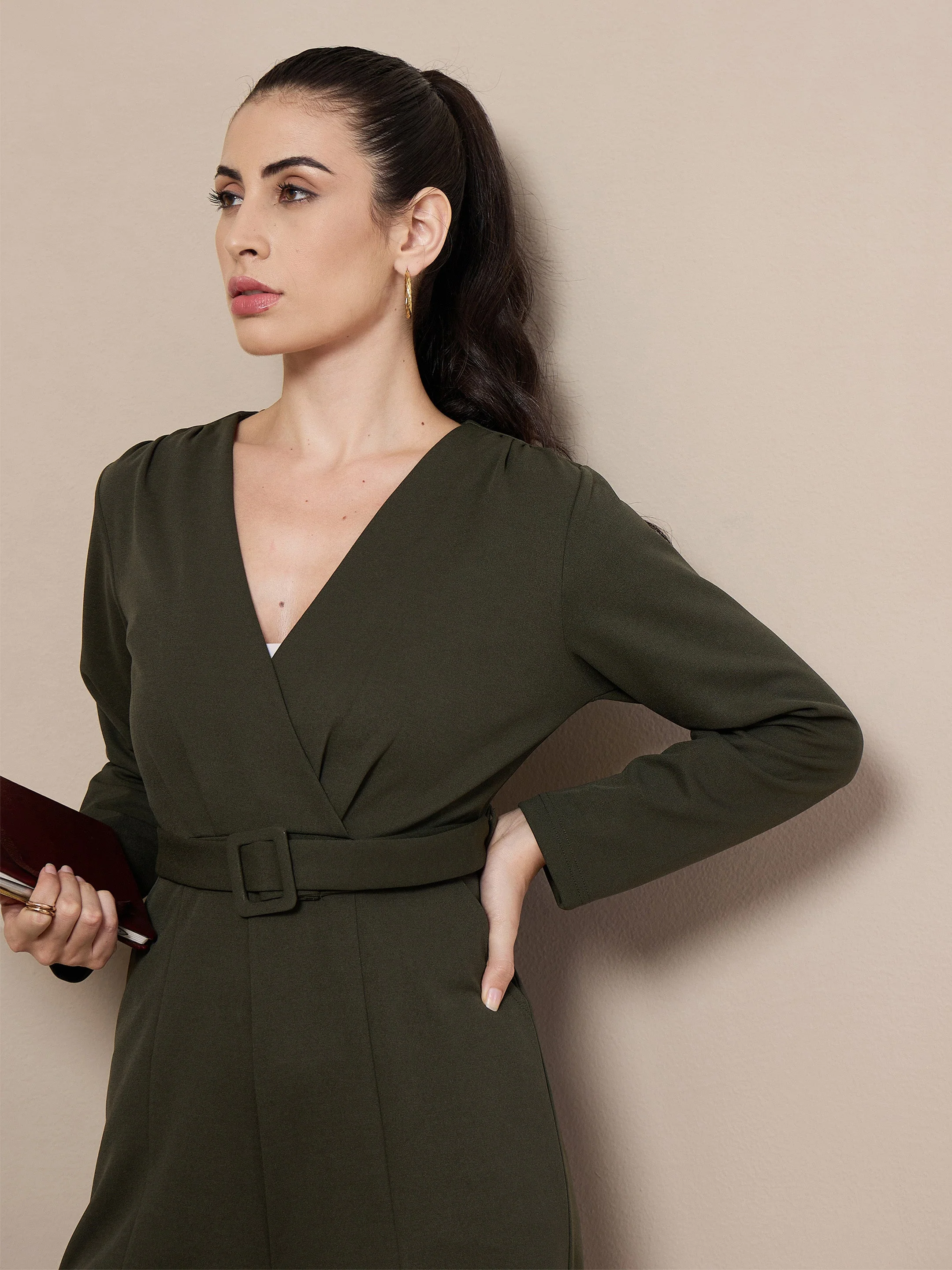 Women Olive V-Neck Belted Jumpsuit - Image 4