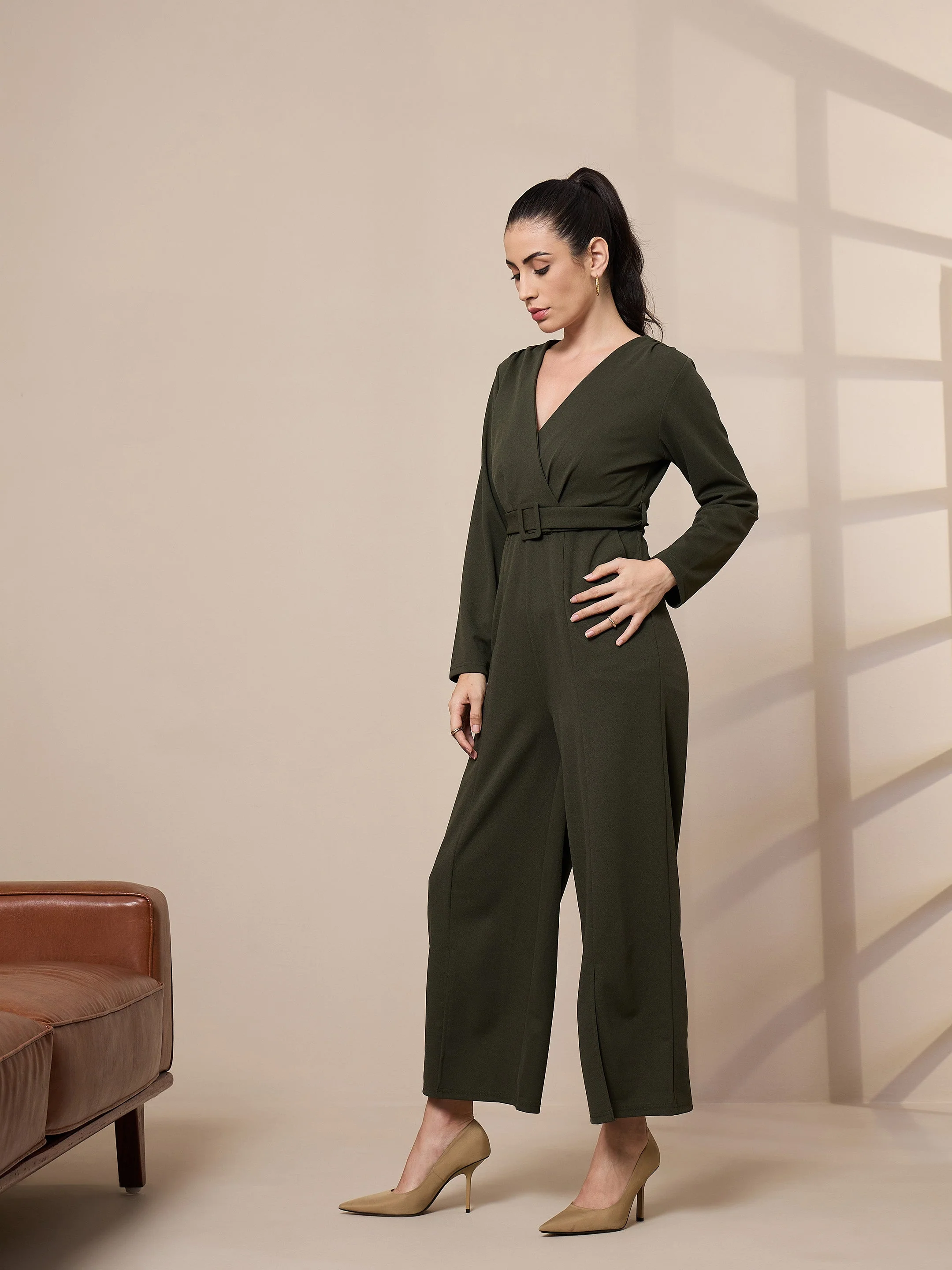 Women Olive V-Neck Belted Jumpsuit - Image 5