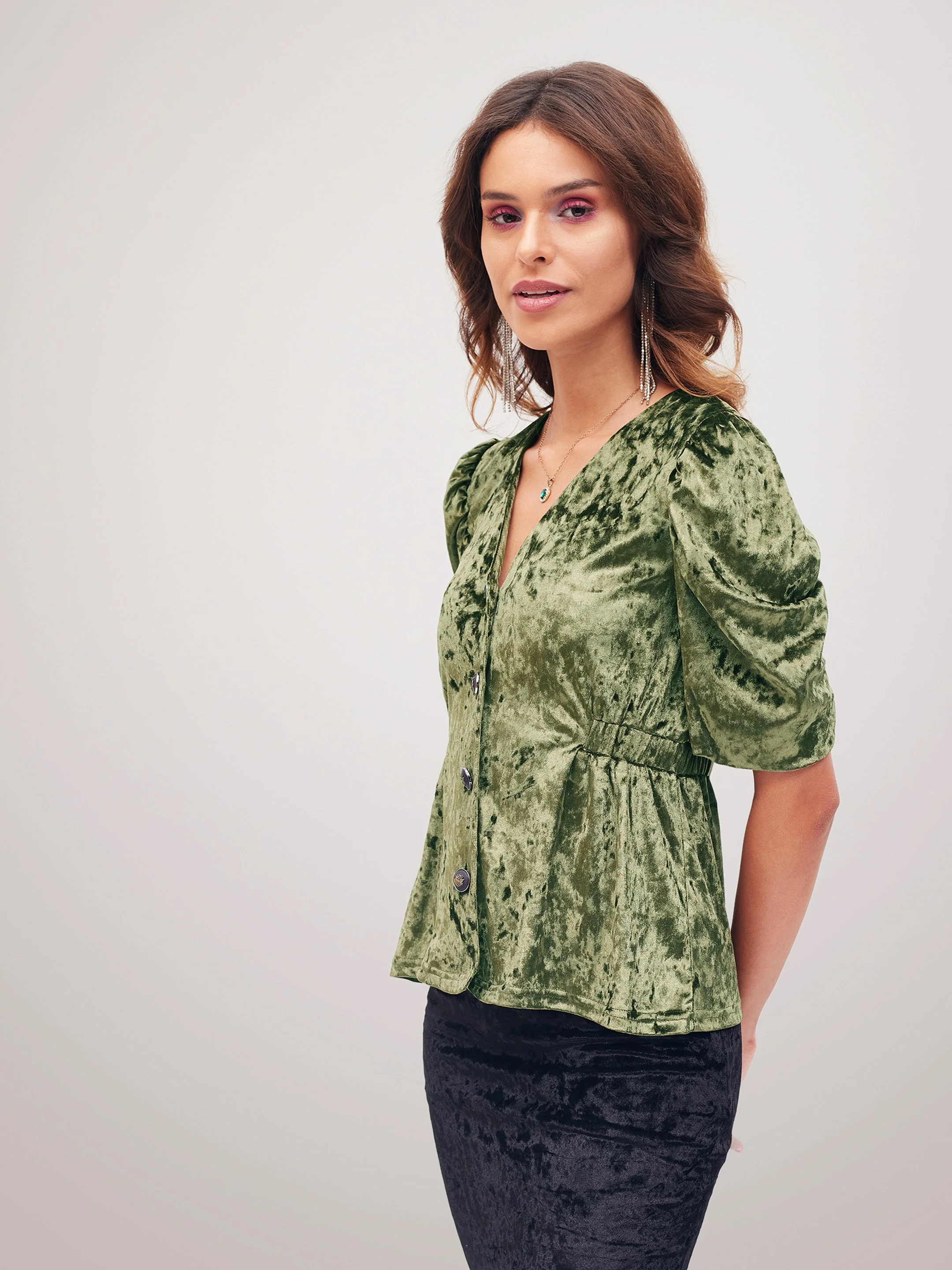 Women Olive Velvet Front Button Top - Image 2