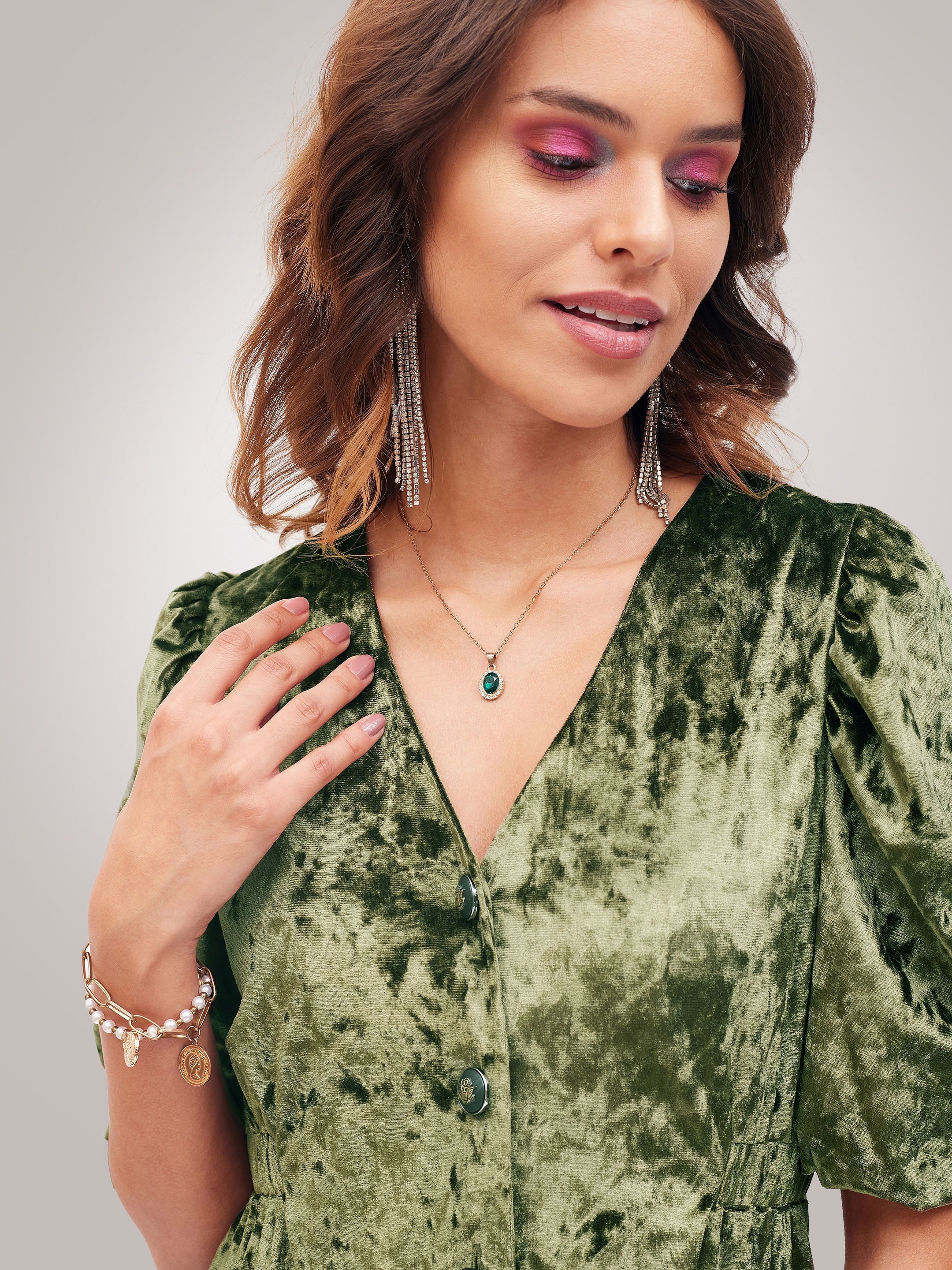 Women Olive Velvet Front Button Top - Image 3