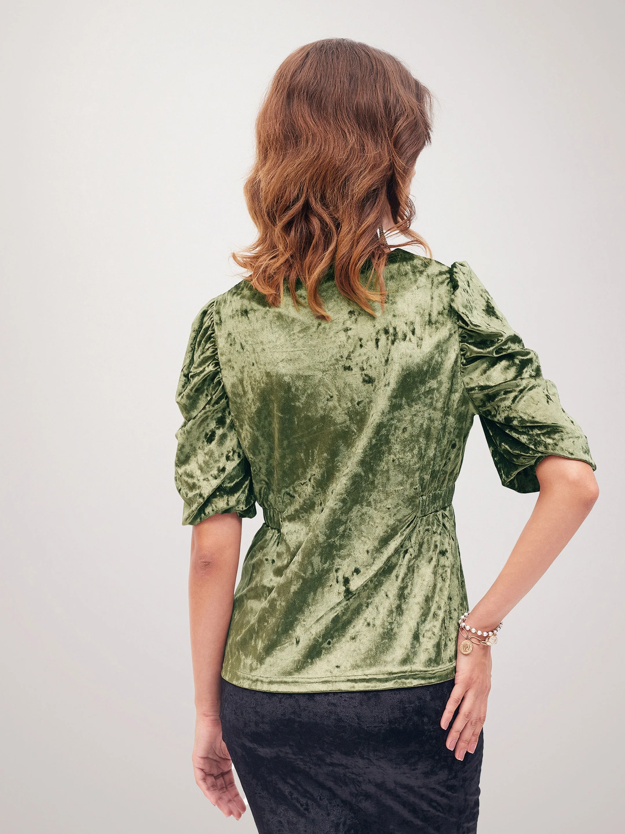 Women Olive Velvet Front Button Top - Image 4
