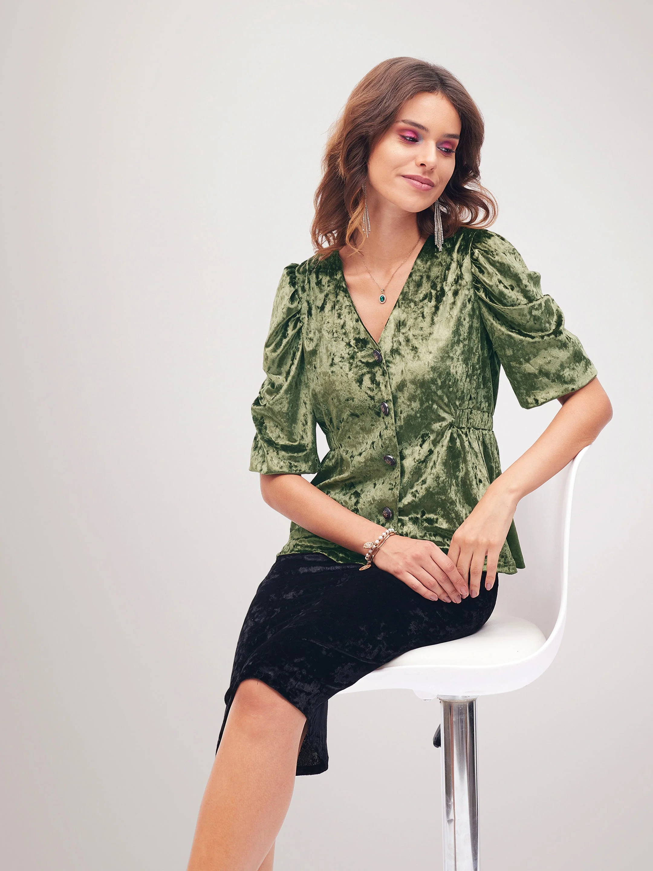 Women Olive Velvet Front Button Top - Image 5