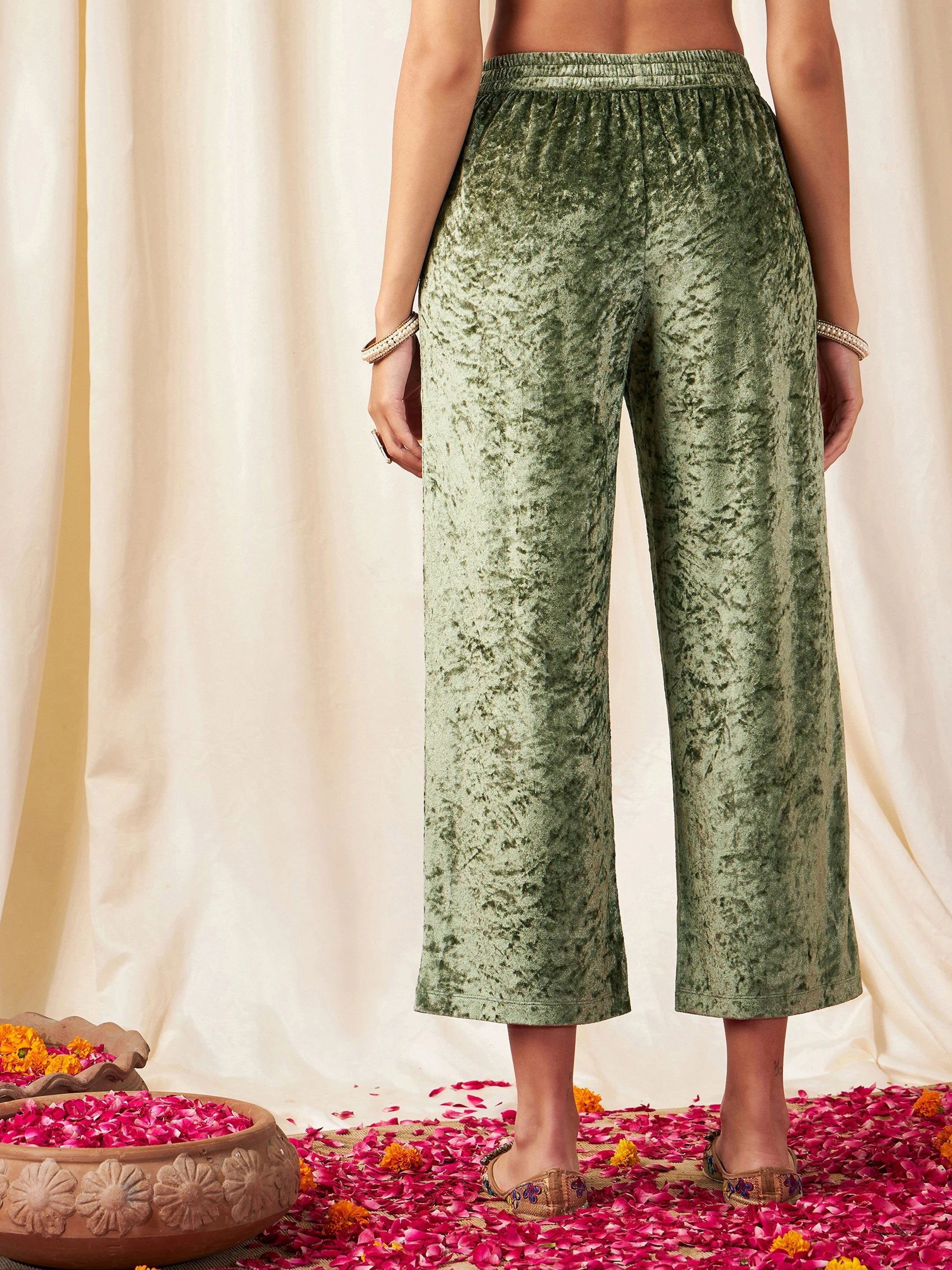 Women Olive Velvet Straight Pants - Image 5