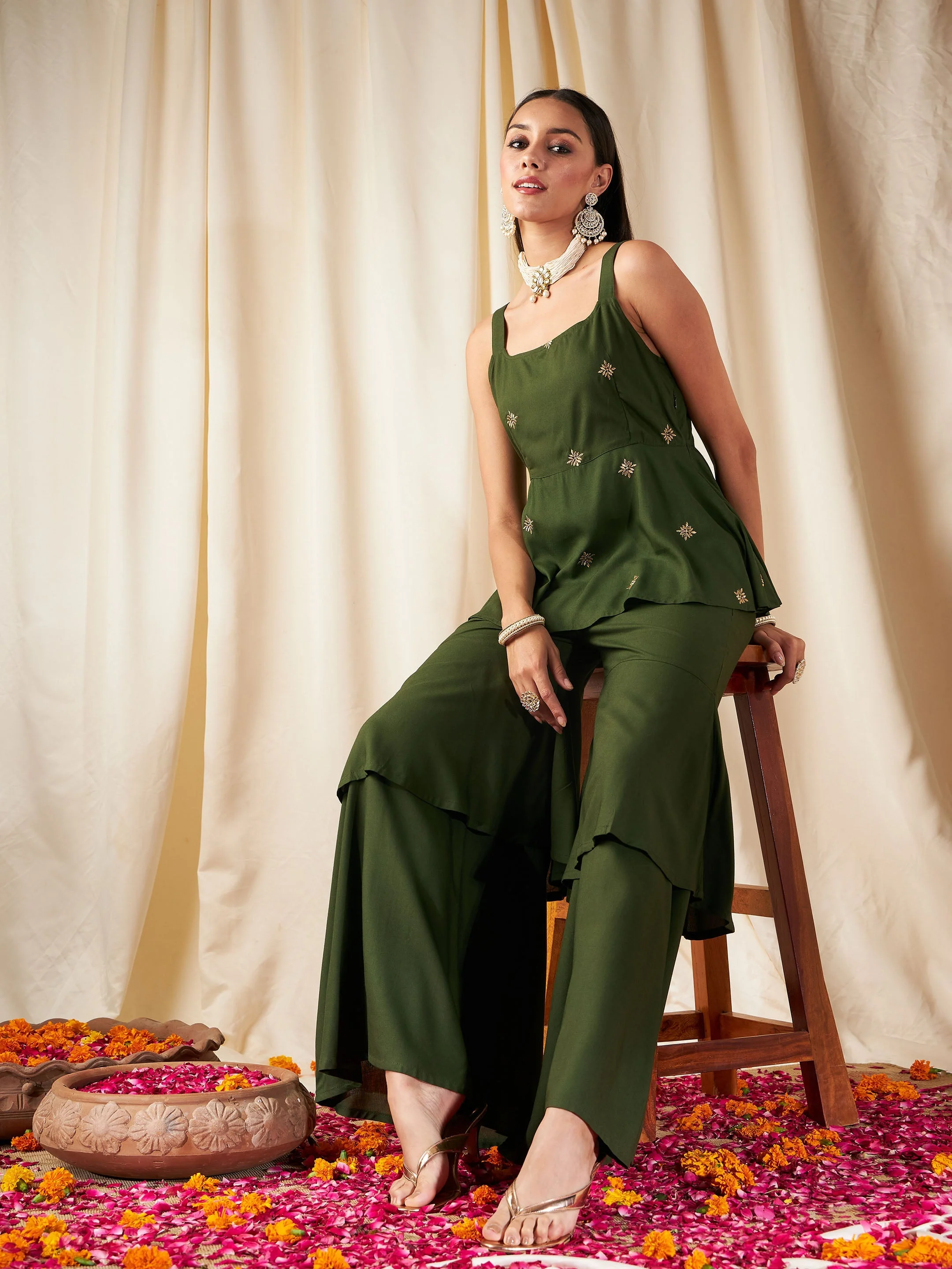 Women Olive Zari Embroidered Strappy Top - Image 2