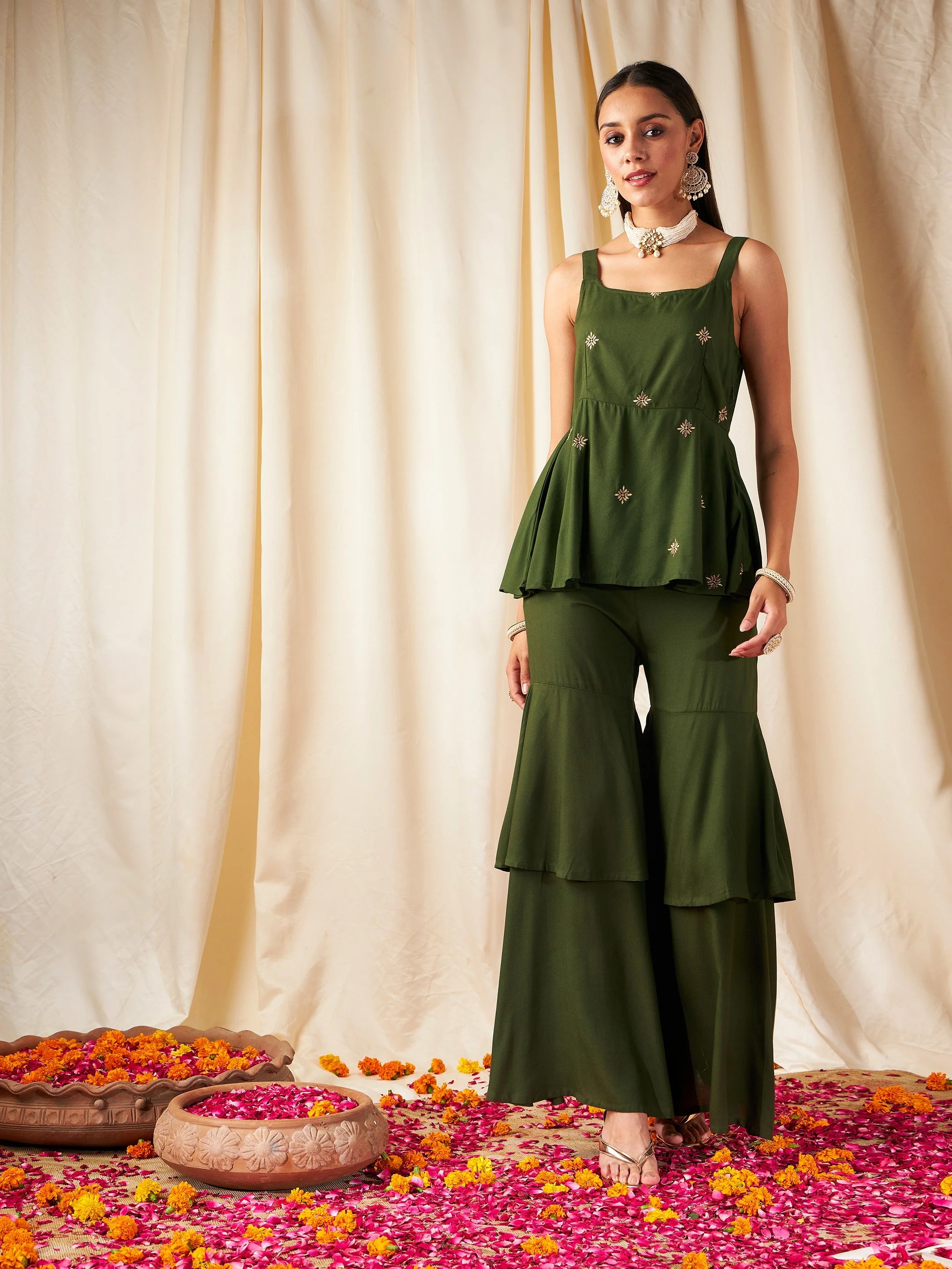 Women Olive Zari Embroidered Strappy Top - Image 6