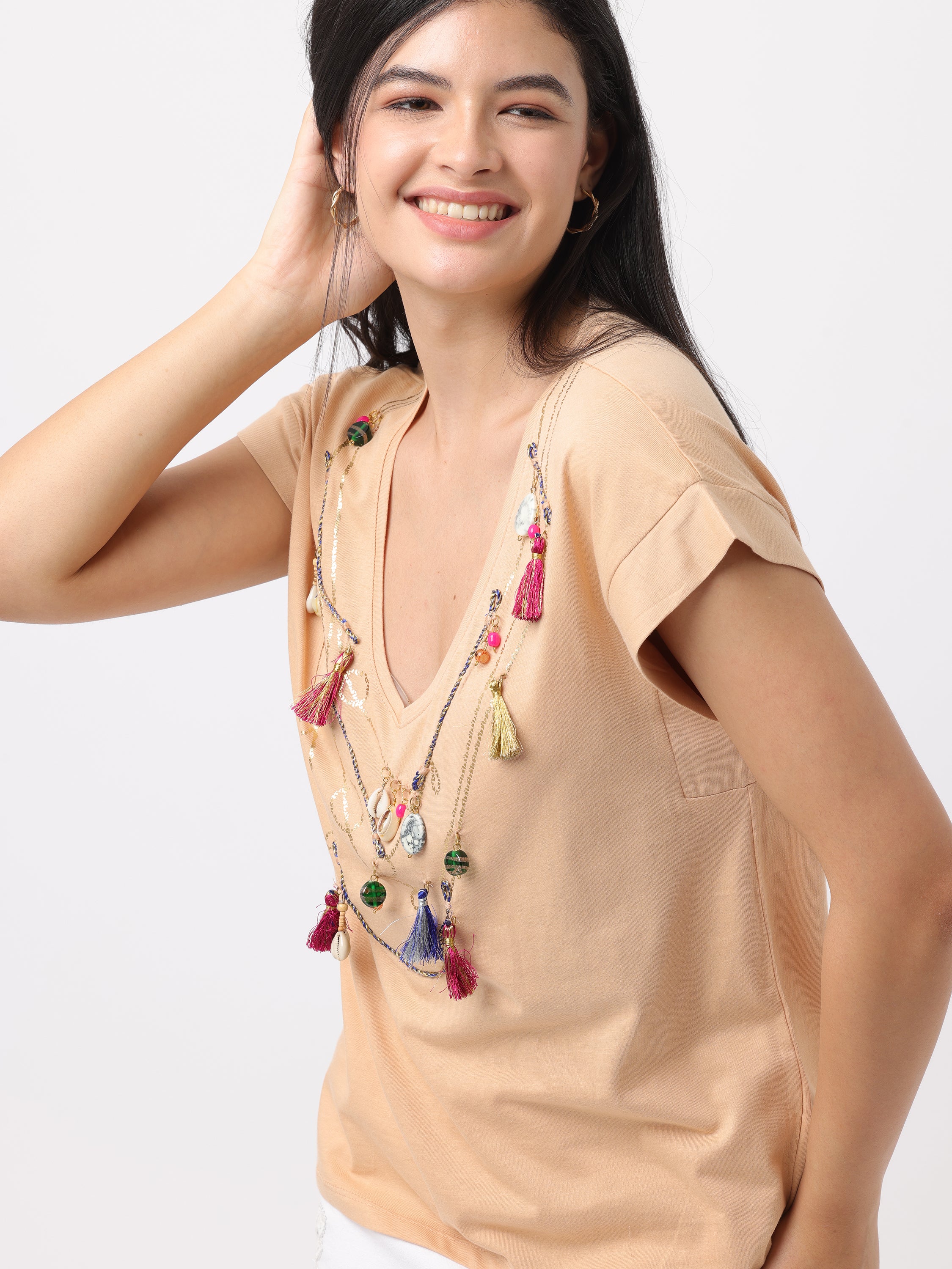 Women Orange Comfort Fit V-neck Top - Image 4