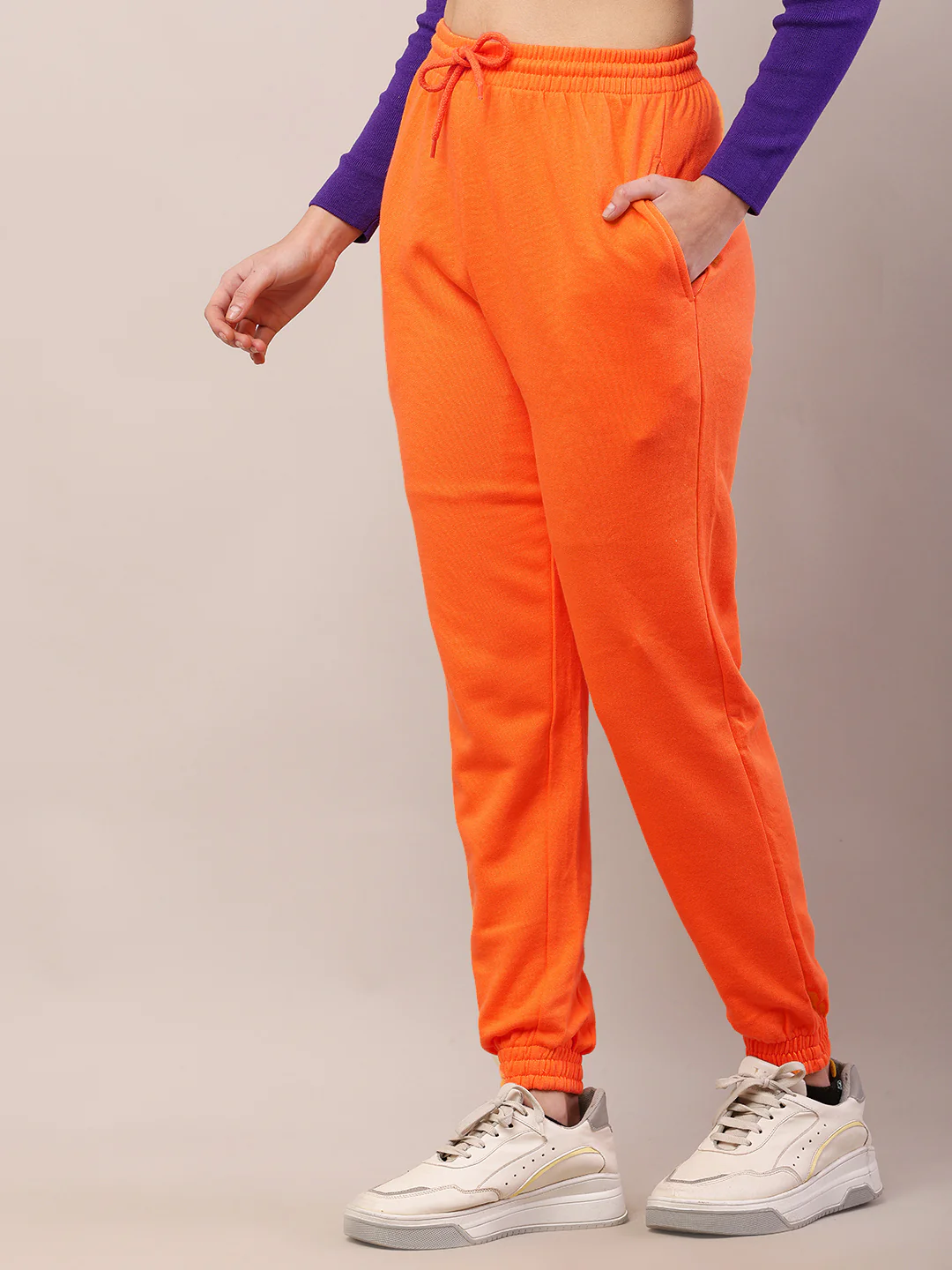Women orange cotton high-rise regular fit joggers - Image 2