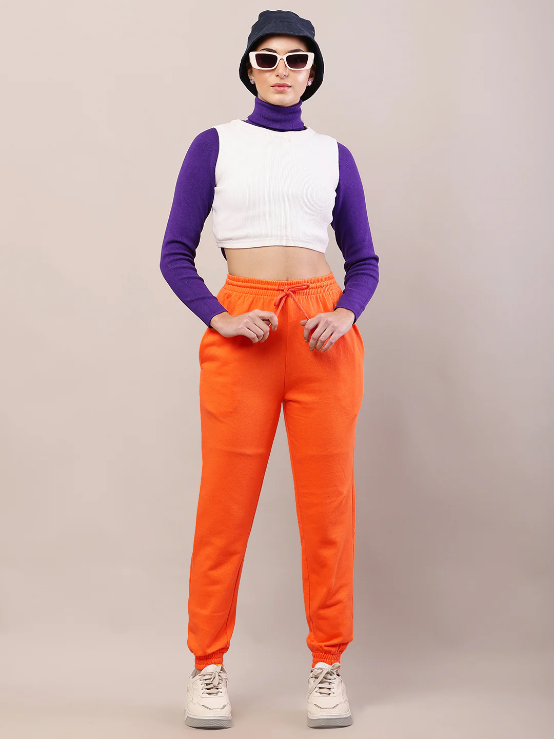 Women orange cotton high-rise regular fit joggers - Image 3