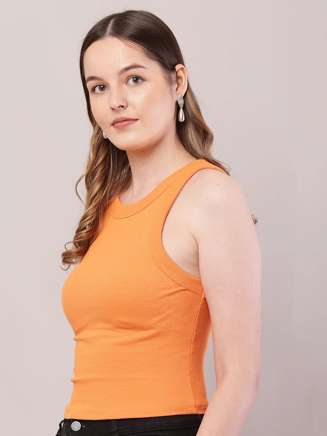 Women Orange Cotton Sleeveless Round Neck Top - Image 2